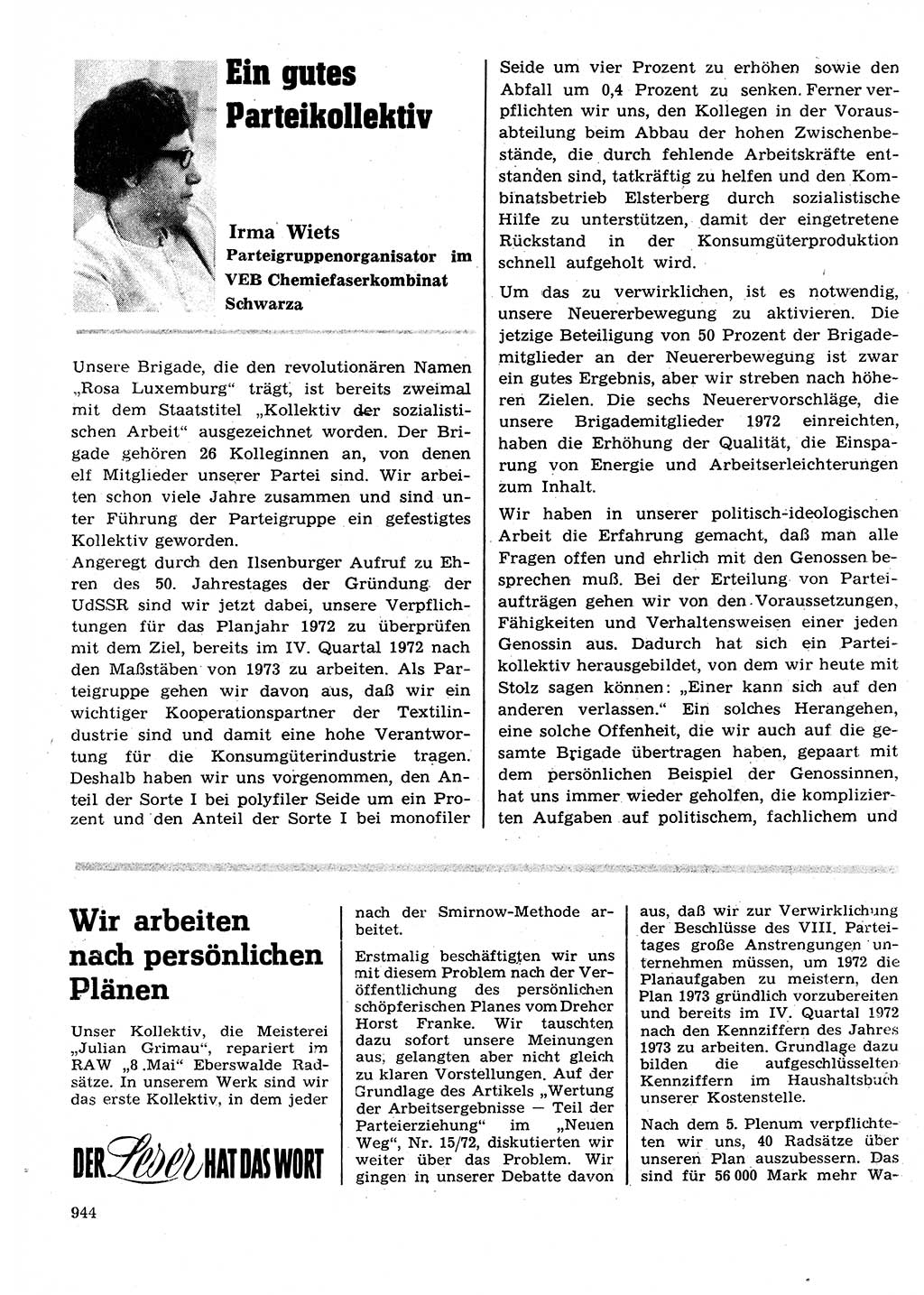 Neuer Weg (NW), Organ des Zentralkomitees (ZK) der SED (Sozialistische Einheitspartei Deutschlands) für Fragen des Parteilebens, 27. Jahrgang [Deutsche Demokratische Republik (DDR)] 1972, Seite 944 (NW ZK SED DDR 1972, S. 944)