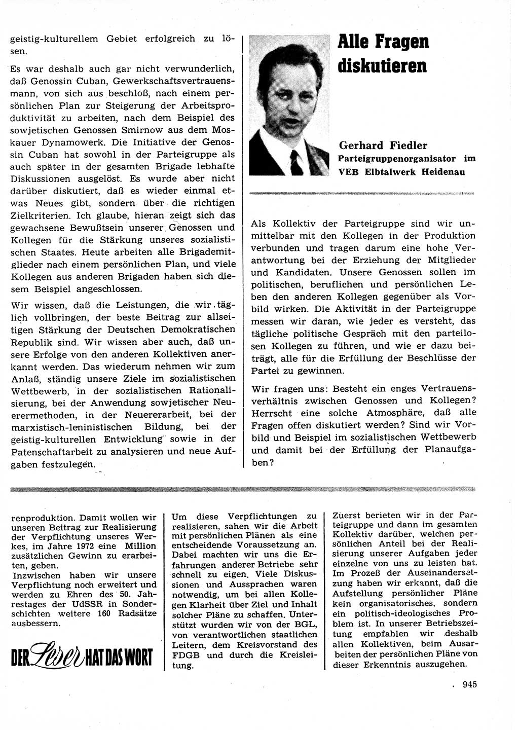 Neuer Weg (NW), Organ des Zentralkomitees (ZK) der SED (Sozialistische Einheitspartei Deutschlands) für Fragen des Parteilebens, 27. Jahrgang [Deutsche Demokratische Republik (DDR)] 1972, Seite 945 (NW ZK SED DDR 1972, S. 945)