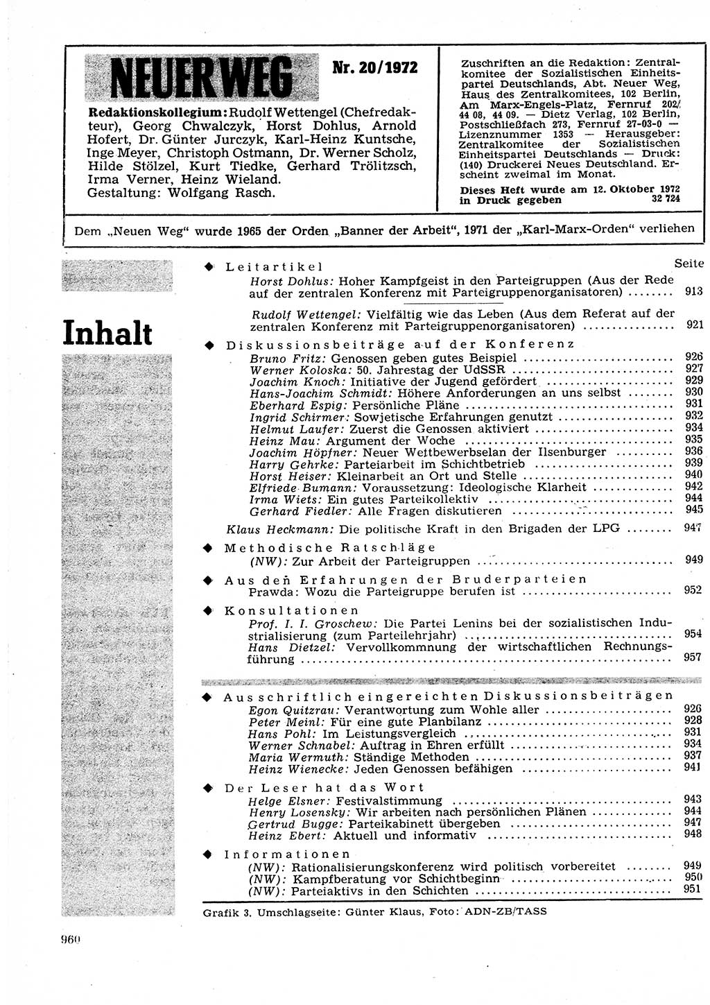 Neuer Weg (NW), Organ des Zentralkomitees (ZK) der SED (Sozialistische Einheitspartei Deutschlands) für Fragen des Parteilebens, 27. Jahrgang [Deutsche Demokratische Republik (DDR)] 1972, Seite 960 (NW ZK SED DDR 1972, S. 960)