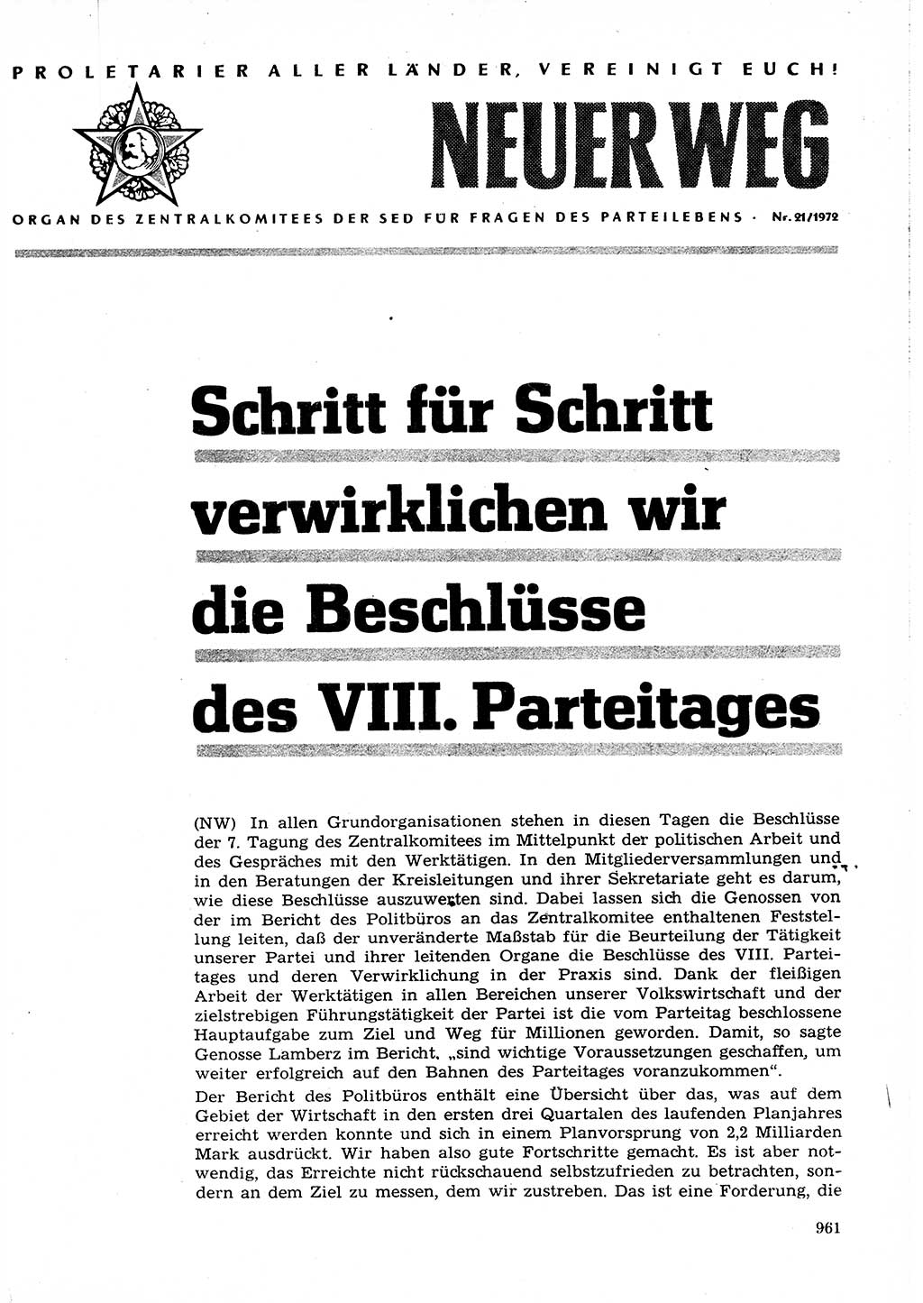 Neuer Weg (NW), Organ des Zentralkomitees (ZK) der SED (Sozialistische Einheitspartei Deutschlands) für Fragen des Parteilebens, 27. Jahrgang [Deutsche Demokratische Republik (DDR)] 1972, Seite 961 (NW ZK SED DDR 1972, S. 961)