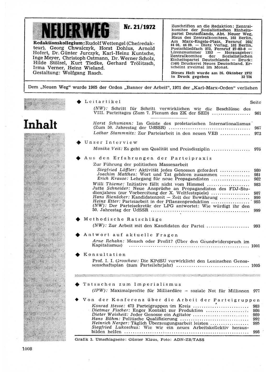 Neuer Weg (NW), Organ des Zentralkomitees (ZK) der SED (Sozialistische Einheitspartei Deutschlands) für Fragen des Parteilebens, 27. Jahrgang [Deutsche Demokratische Republik (DDR)] 1972, Seite 1008 (NW ZK SED DDR 1972, S. 1008)