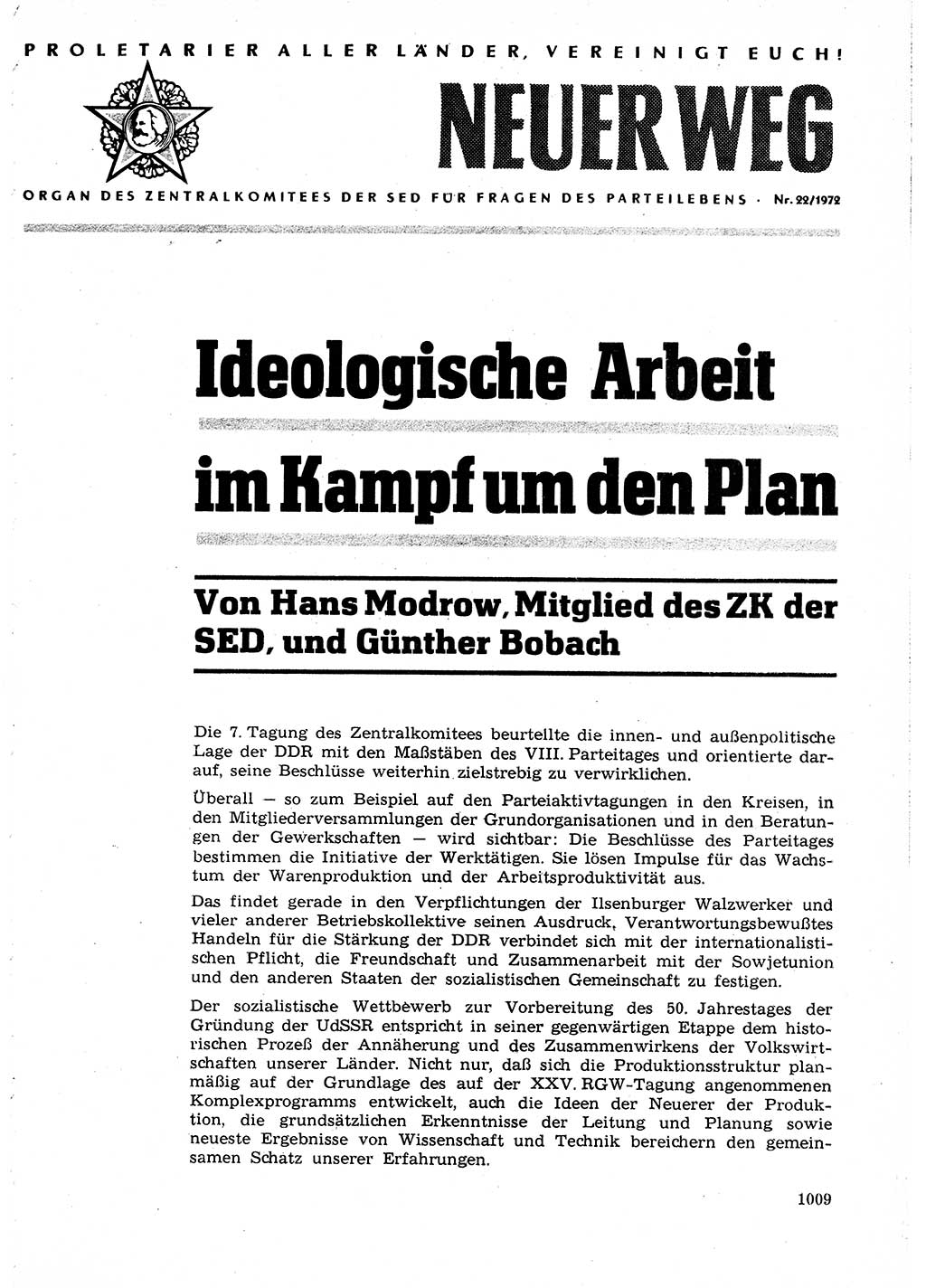 Neuer Weg (NW), Organ des Zentralkomitees (ZK) der SED (Sozialistische Einheitspartei Deutschlands) für Fragen des Parteilebens, 27. Jahrgang [Deutsche Demokratische Republik (DDR)] 1972, Seite 1009 (NW ZK SED DDR 1972, S. 1009)