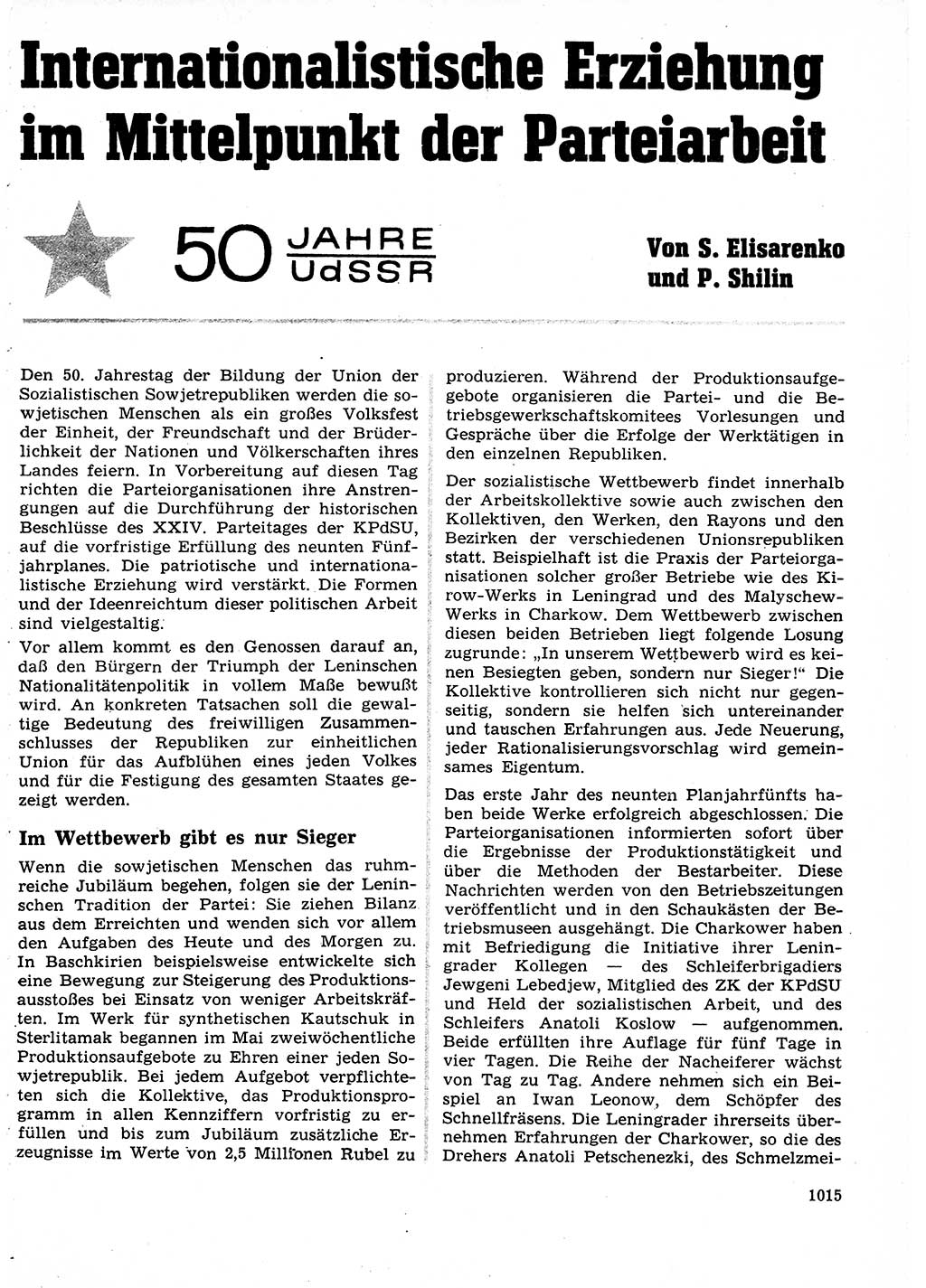 Neuer Weg (NW), Organ des Zentralkomitees (ZK) der SED (Sozialistische Einheitspartei Deutschlands) für Fragen des Parteilebens, 27. Jahrgang [Deutsche Demokratische Republik (DDR)] 1972, Seite 1015 (NW ZK SED DDR 1972, S. 1015)