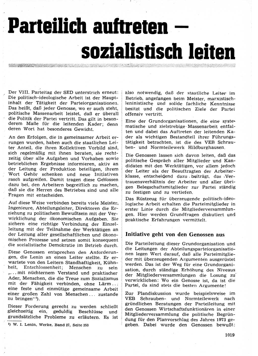 Neuer Weg (NW), Organ des Zentralkomitees (ZK) der SED (Sozialistische Einheitspartei Deutschlands) für Fragen des Parteilebens, 27. Jahrgang [Deutsche Demokratische Republik (DDR)] 1972, Seite 1019 (NW ZK SED DDR 1972, S. 1019)