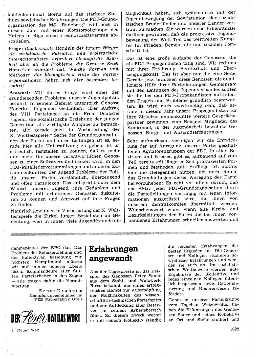 Neuer Weg (NW), Organ des Zentralkomitees (ZK) der SED (Sozialistische Einheitspartei Deutschlands) für Fragen des Parteilebens, 27. Jahrgang [Deutsche Demokratische Republik (DDR)] 1972, Seite 1025 (NW ZK SED DDR 1972, S. 1025)