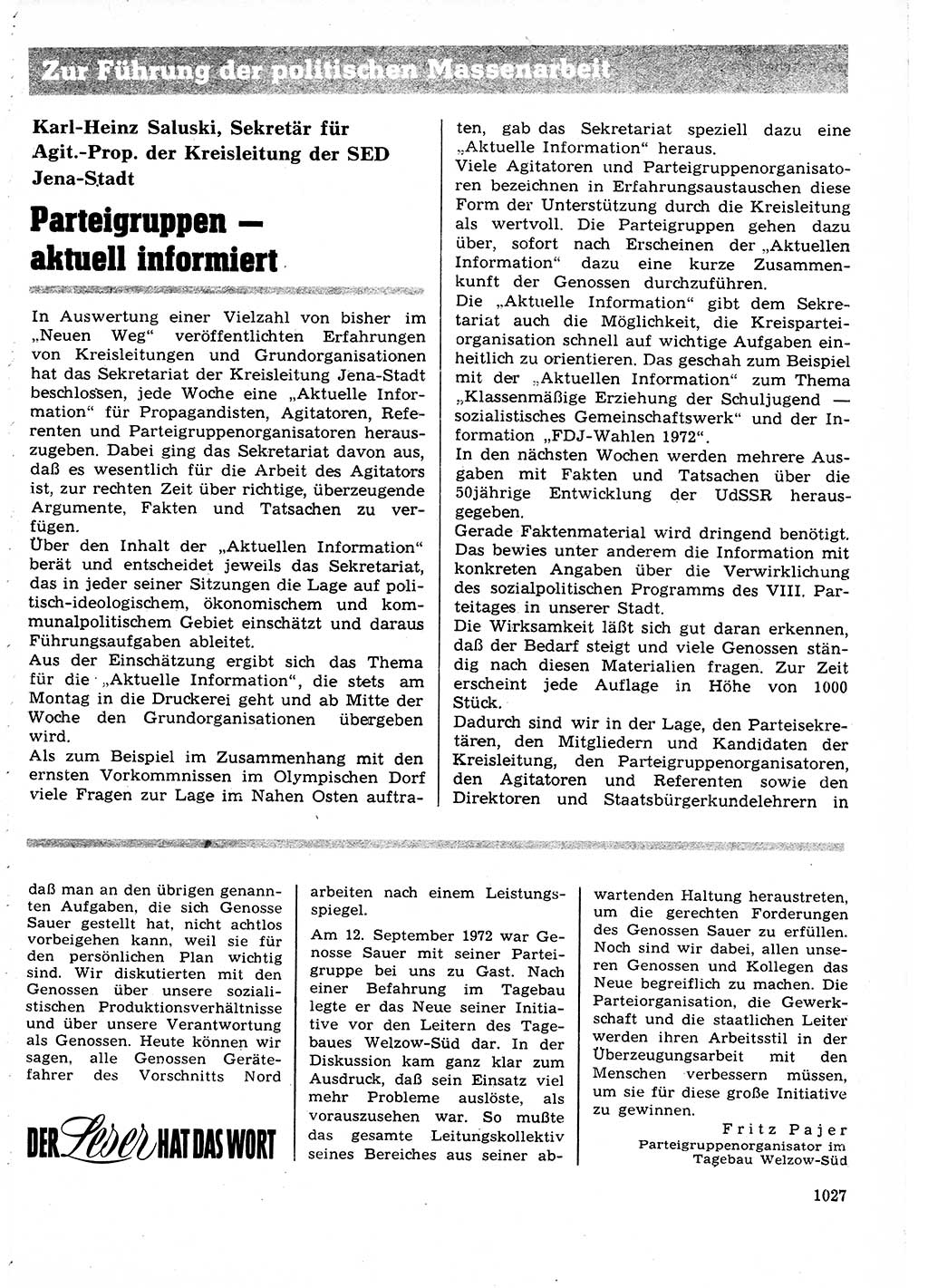 Neuer Weg (NW), Organ des Zentralkomitees (ZK) der SED (Sozialistische Einheitspartei Deutschlands) für Fragen des Parteilebens, 27. Jahrgang [Deutsche Demokratische Republik (DDR)] 1972, Seite 1027 (NW ZK SED DDR 1972, S. 1027)