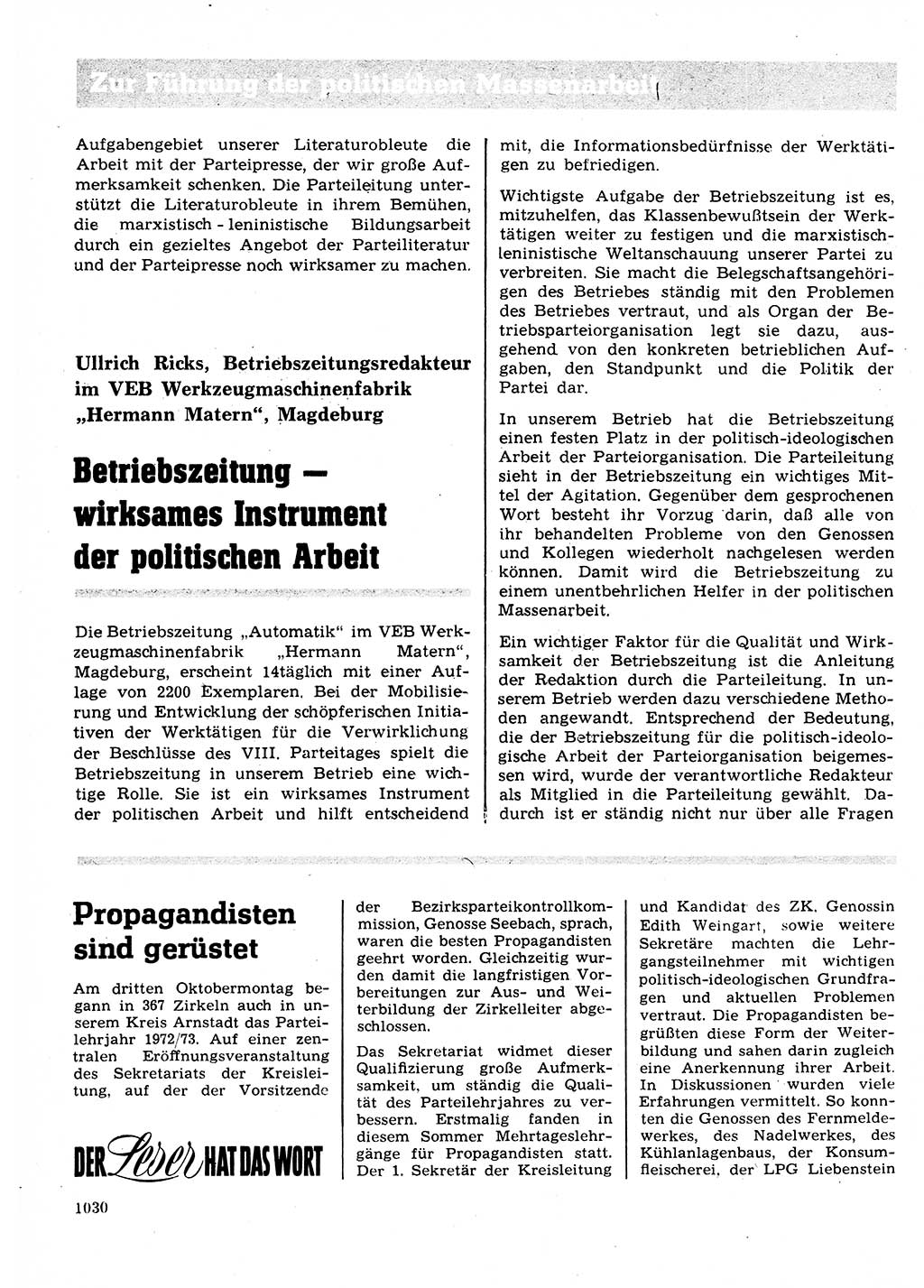 Neuer Weg (NW), Organ des Zentralkomitees (ZK) der SED (Sozialistische Einheitspartei Deutschlands) für Fragen des Parteilebens, 27. Jahrgang [Deutsche Demokratische Republik (DDR)] 1972, Seite 1030 (NW ZK SED DDR 1972, S. 1030)