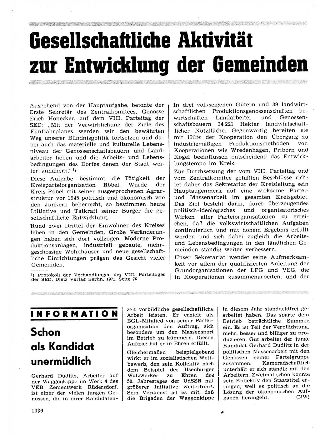 Neuer Weg (NW), Organ des Zentralkomitees (ZK) der SED (Sozialistische Einheitspartei Deutschlands) für Fragen des Parteilebens, 27. Jahrgang [Deutsche Demokratische Republik (DDR)] 1972, Seite 1036 (NW ZK SED DDR 1972, S. 1036)