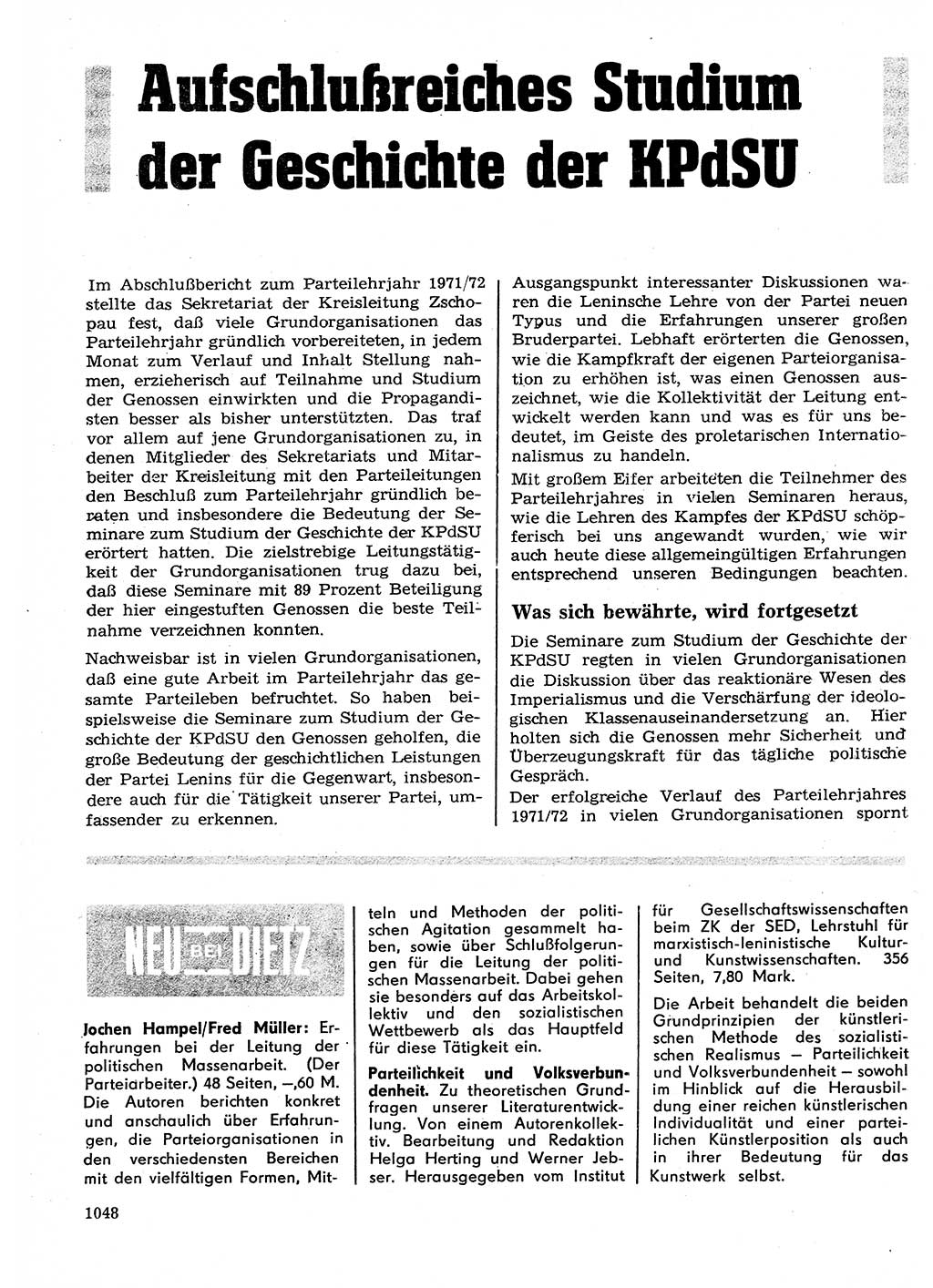 Neuer Weg (NW), Organ des Zentralkomitees (ZK) der SED (Sozialistische Einheitspartei Deutschlands) für Fragen des Parteilebens, 27. Jahrgang [Deutsche Demokratische Republik (DDR)] 1972, Seite 1048 (NW ZK SED DDR 1972, S. 1048)