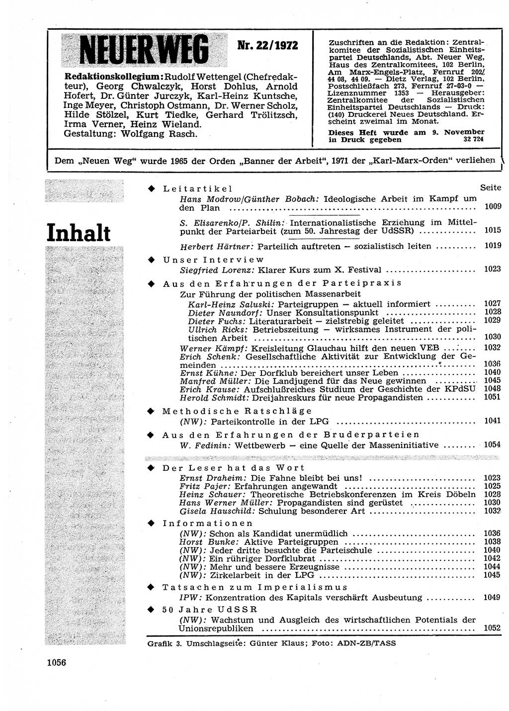 Neuer Weg (NW), Organ des Zentralkomitees (ZK) der SED (Sozialistische Einheitspartei Deutschlands) für Fragen des Parteilebens, 27. Jahrgang [Deutsche Demokratische Republik (DDR)] 1972, Seite 1056 (NW ZK SED DDR 1972, S. 1056)