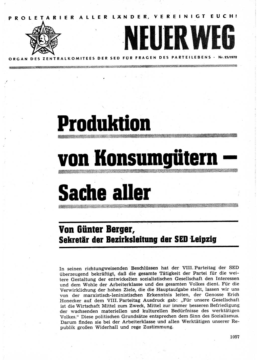 Neuer Weg (NW), Organ des Zentralkomitees (ZK) der SED (Sozialistische Einheitspartei Deutschlands) für Fragen des Parteilebens, 27. Jahrgang [Deutsche Demokratische Republik (DDR)] 1972, Seite 1057 (NW ZK SED DDR 1972, S. 1057)