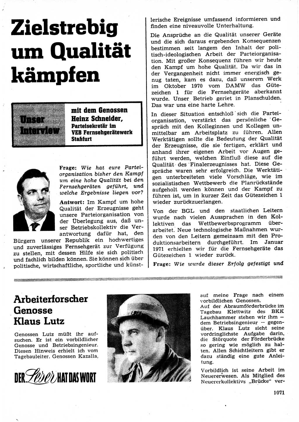 Neuer Weg (NW), Organ des Zentralkomitees (ZK) der SED (Sozialistische Einheitspartei Deutschlands) für Fragen des Parteilebens, 27. Jahrgang [Deutsche Demokratische Republik (DDR)] 1972, Seite 1071 (NW ZK SED DDR 1972, S. 1071)