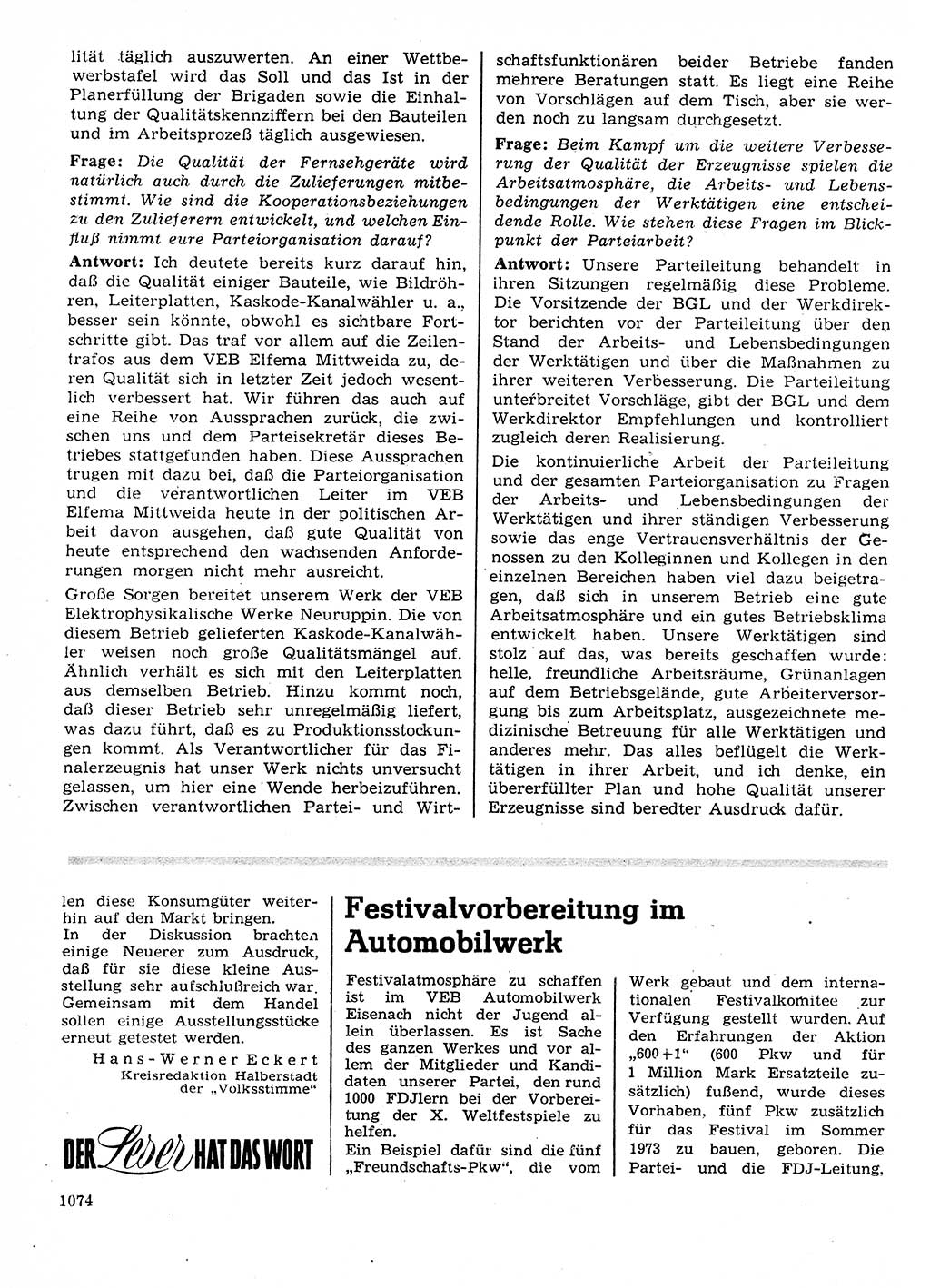 Neuer Weg (NW), Organ des Zentralkomitees (ZK) der SED (Sozialistische Einheitspartei Deutschlands) für Fragen des Parteilebens, 27. Jahrgang [Deutsche Demokratische Republik (DDR)] 1972, Seite 1074 (NW ZK SED DDR 1972, S. 1074)