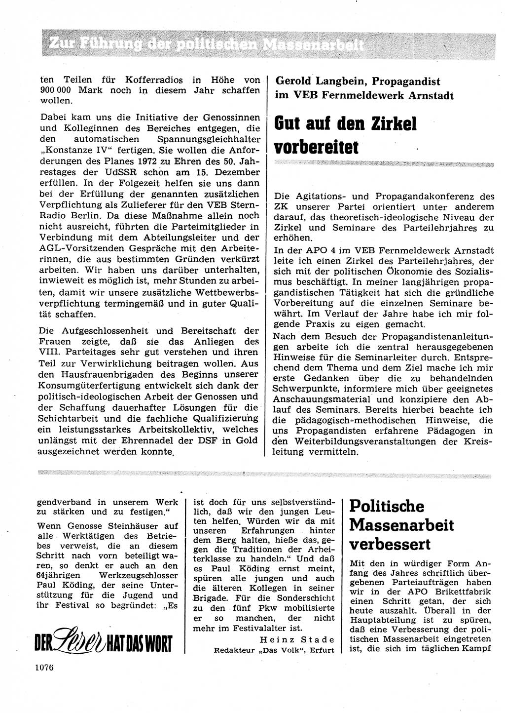Neuer Weg (NW), Organ des Zentralkomitees (ZK) der SED (Sozialistische Einheitspartei Deutschlands) für Fragen des Parteilebens, 27. Jahrgang [Deutsche Demokratische Republik (DDR)] 1972, Seite 1076 (NW ZK SED DDR 1972, S. 1076)