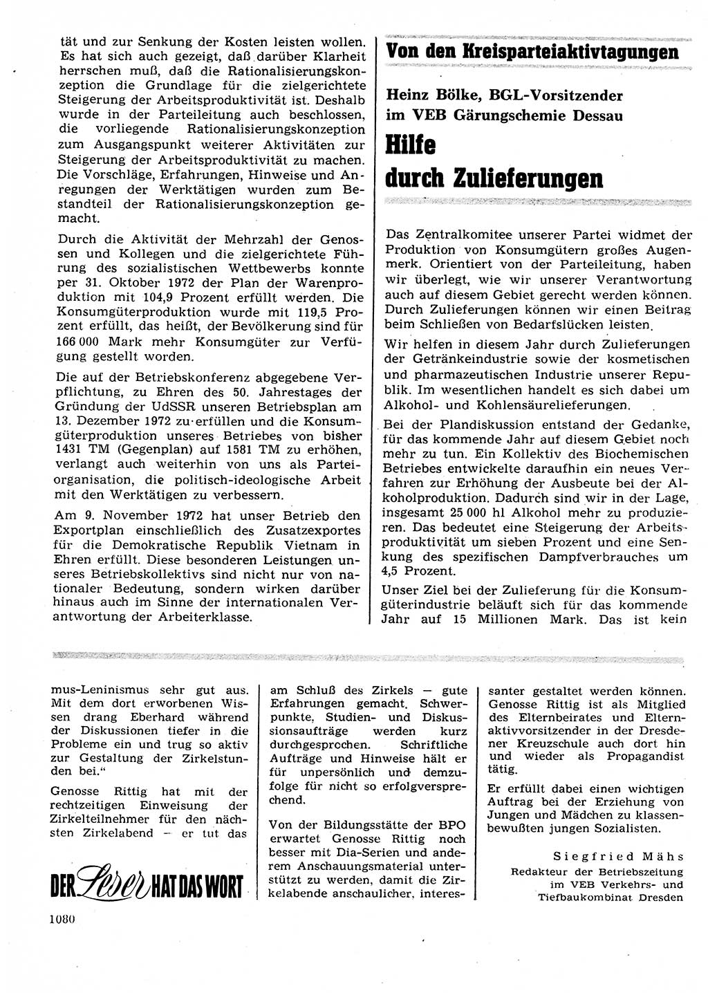 Neuer Weg (NW), Organ des Zentralkomitees (ZK) der SED (Sozialistische Einheitspartei Deutschlands) für Fragen des Parteilebens, 27. Jahrgang [Deutsche Demokratische Republik (DDR)] 1972, Seite 1080 (NW ZK SED DDR 1972, S. 1080)