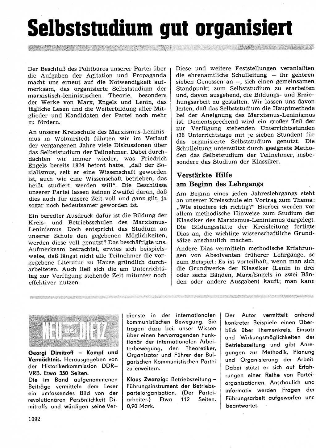 Neuer Weg (NW), Organ des Zentralkomitees (ZK) der SED (Sozialistische Einheitspartei Deutschlands) für Fragen des Parteilebens, 27. Jahrgang [Deutsche Demokratische Republik (DDR)] 1972, Seite 1092 (NW ZK SED DDR 1972, S. 1092)
