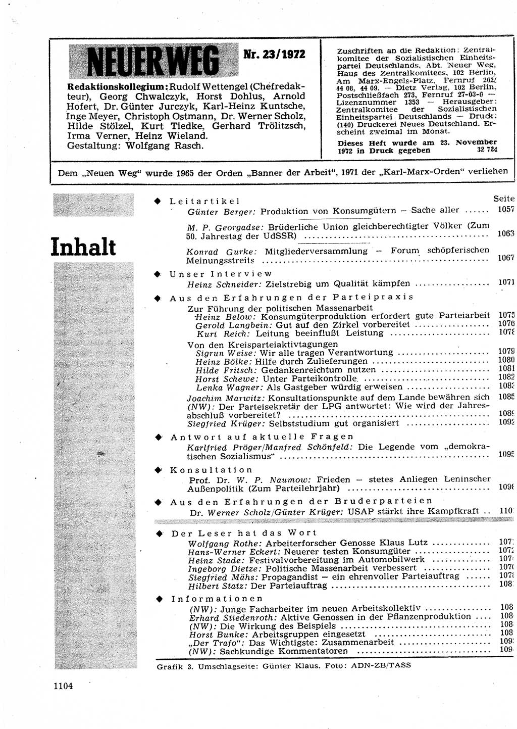 Neuer Weg (NW), Organ des Zentralkomitees (ZK) der SED (Sozialistische Einheitspartei Deutschlands) für Fragen des Parteilebens, 27. Jahrgang [Deutsche Demokratische Republik (DDR)] 1972, Seite 1104 (NW ZK SED DDR 1972, S. 1104)