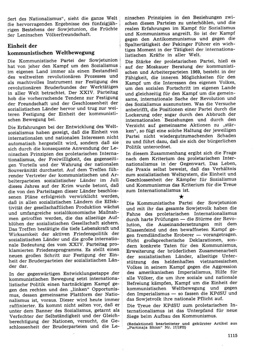 Neuer Weg (NW), Organ des Zentralkomitees (ZK) der SED (Sozialistische Einheitspartei Deutschlands) für Fragen des Parteilebens, 27. Jahrgang [Deutsche Demokratische Republik (DDR)] 1972, Seite 1115 (NW ZK SED DDR 1972, S. 1115)