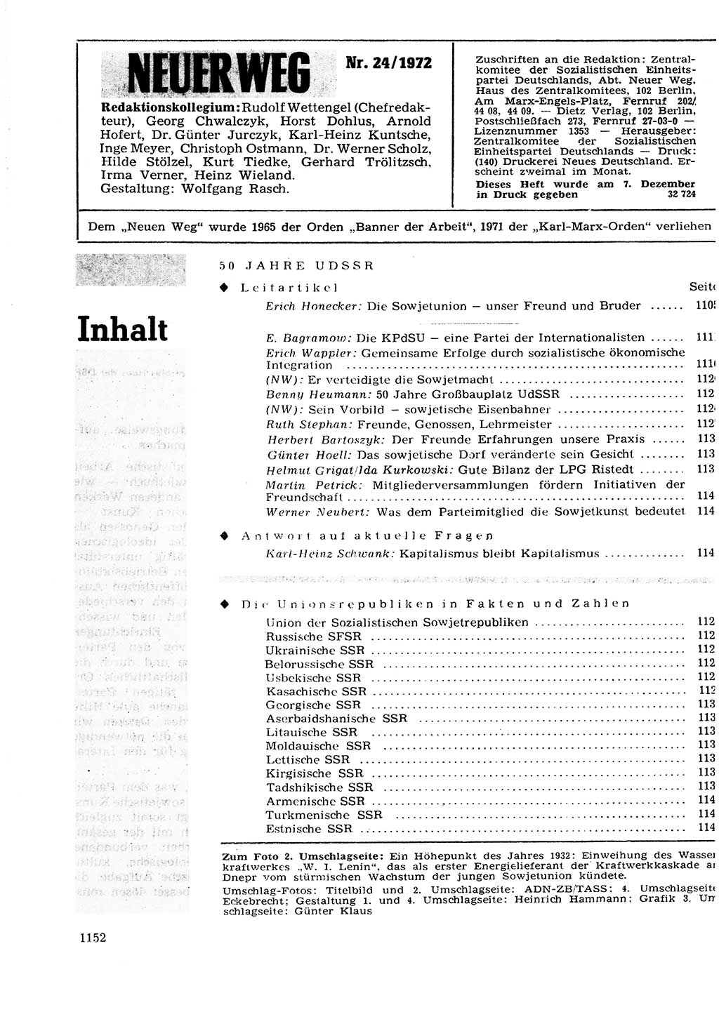 Neuer Weg (NW), Organ des Zentralkomitees (ZK) der SED (Sozialistische Einheitspartei Deutschlands) für Fragen des Parteilebens, 27. Jahrgang [Deutsche Demokratische Republik (DDR)] 1972, Seite 1152 (NW ZK SED DDR 1972, S. 1152)