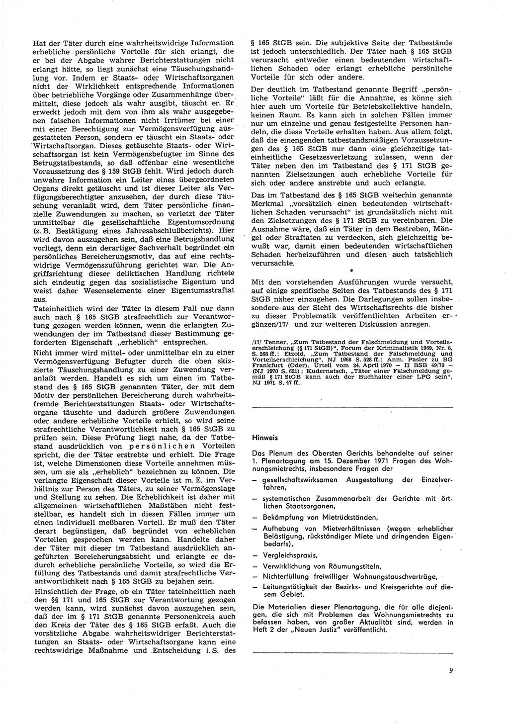 Neue Justiz (NJ), Zeitschrift für Recht und Rechtswissenschaft [Deutsche Demokratische Republik (DDR)], 26. Jahrgang 1972, Seite 9 (NJ DDR 1972, S. 9)