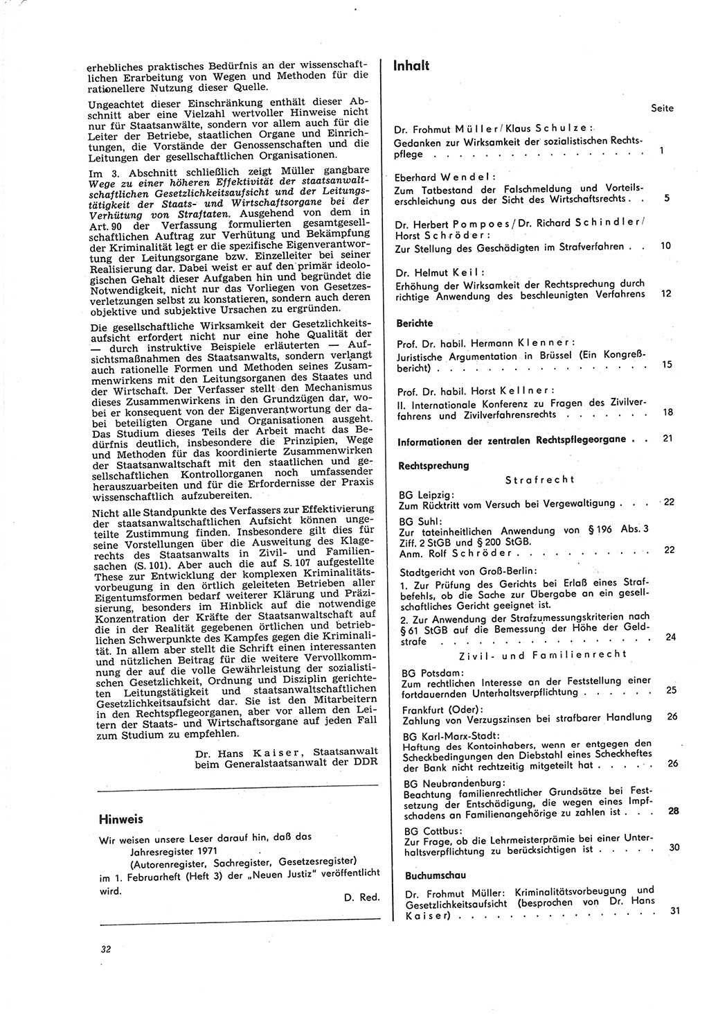 Neue Justiz (NJ), Zeitschrift für Recht und Rechtswissenschaft [Deutsche Demokratische Republik (DDR)], 26. Jahrgang 1972, Seite 32 (NJ DDR 1972, S. 32)