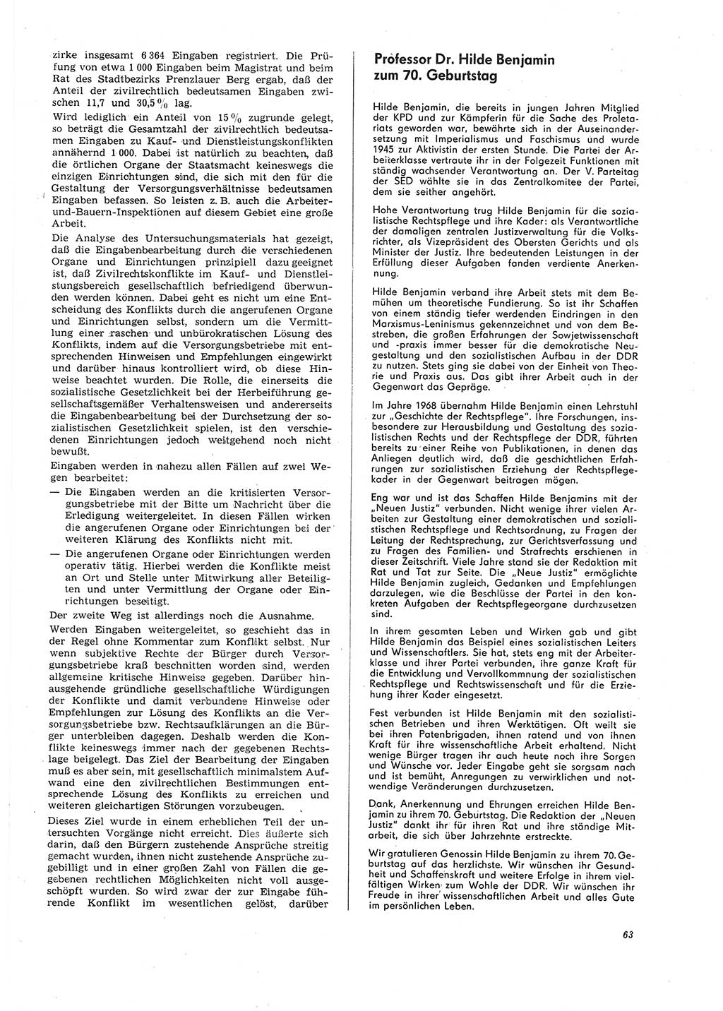 Neue Justiz (NJ), Zeitschrift für Recht und Rechtswissenschaft [Deutsche Demokratische Republik (DDR)], 26. Jahrgang 1972, Seite 63 (NJ DDR 1972, S. 63)