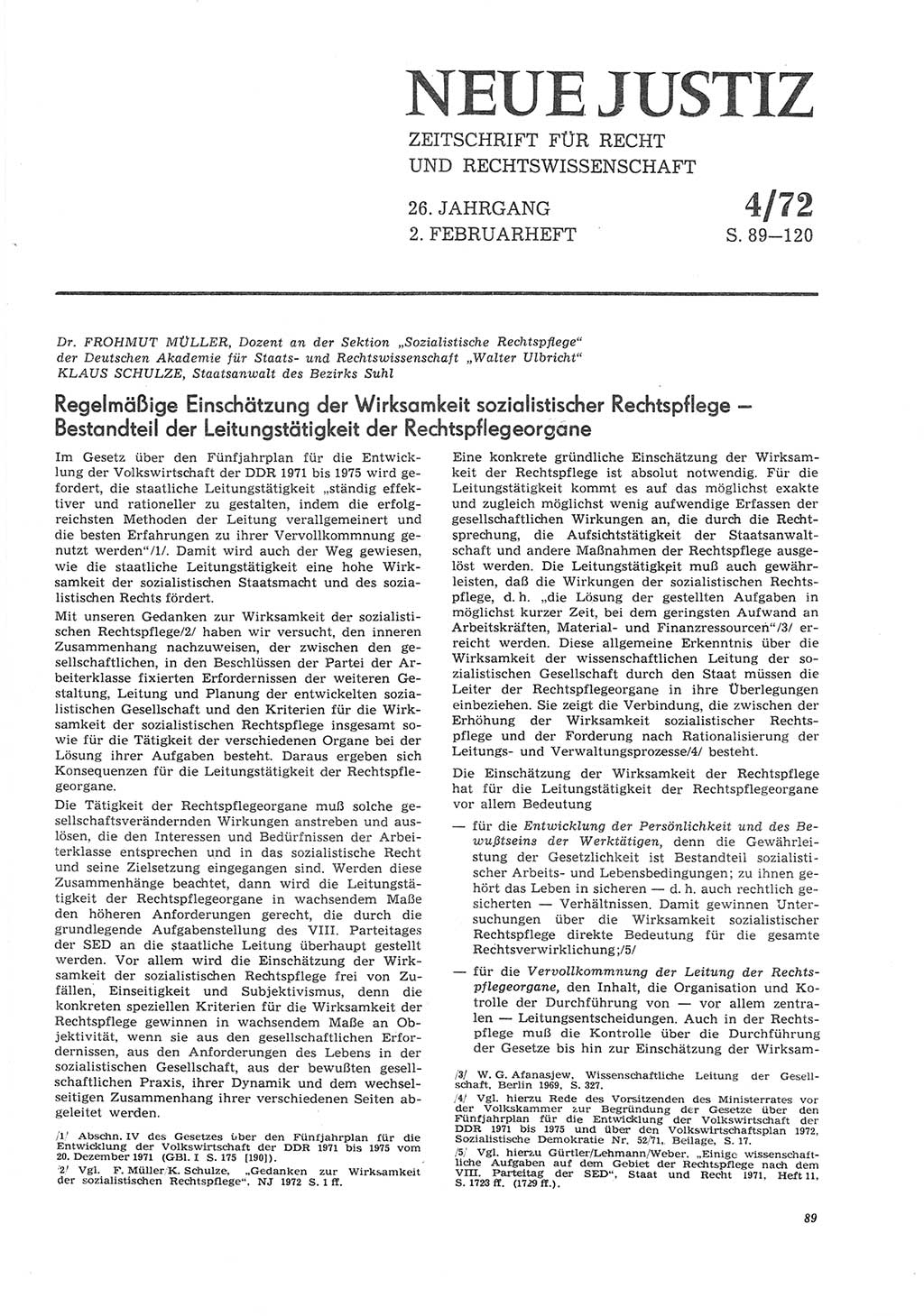Neue Justiz (NJ), Zeitschrift für Recht und Rechtswissenschaft [Deutsche Demokratische Republik (DDR)], 26. Jahrgang 1972, Seite 89 (NJ DDR 1972, S. 89)