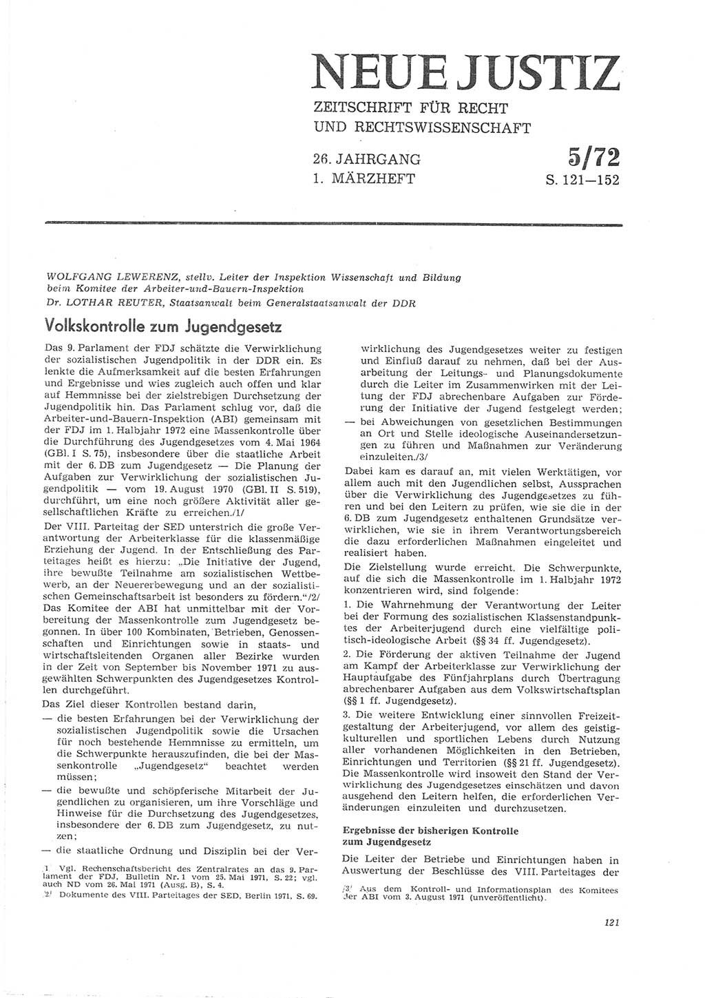 Neue Justiz (NJ), Zeitschrift für Recht und Rechtswissenschaft [Deutsche Demokratische Republik (DDR)], 26. Jahrgang 1972, Seite 121 (NJ DDR 1972, S. 121)