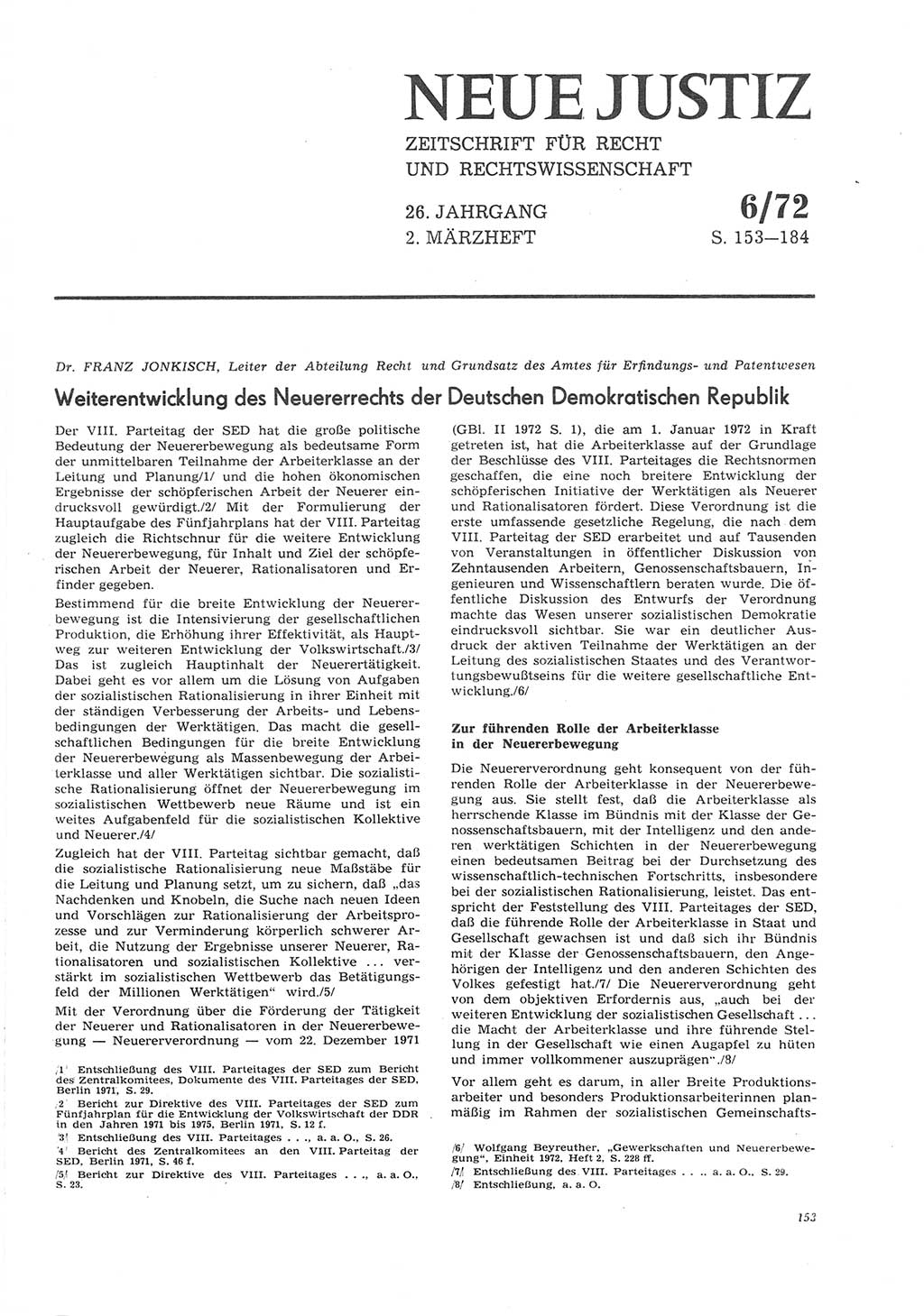 Neue Justiz (NJ), Zeitschrift für Recht und Rechtswissenschaft [Deutsche Demokratische Republik (DDR)], 26. Jahrgang 1972, Seite 153 (NJ DDR 1972, S. 153)