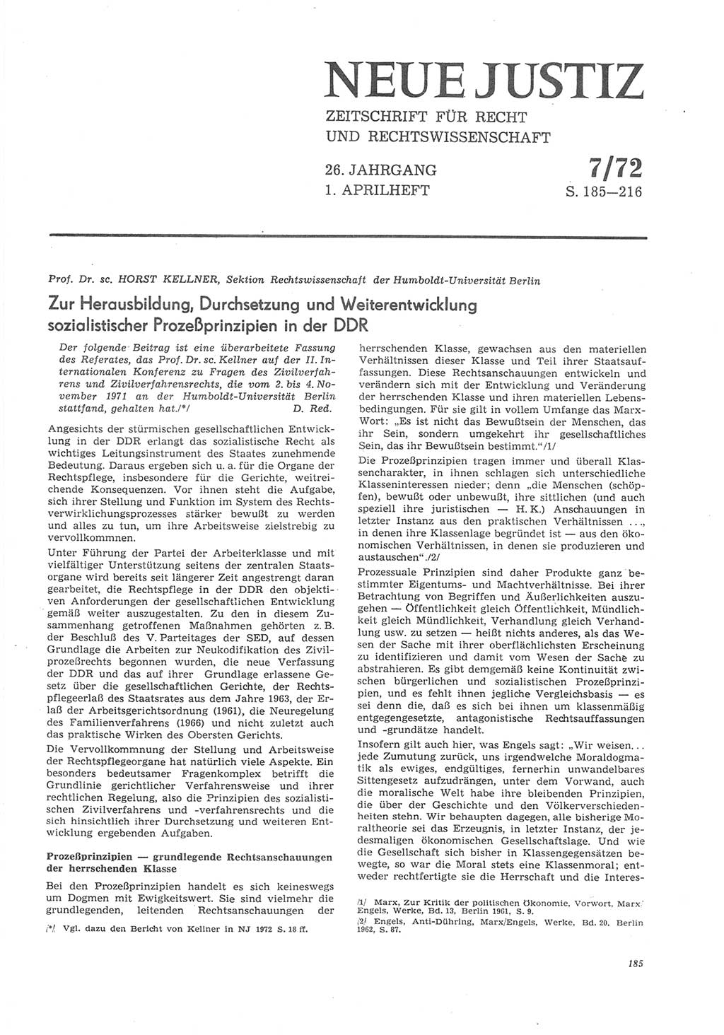 Neue Justiz (NJ), Zeitschrift für Recht und Rechtswissenschaft [Deutsche Demokratische Republik (DDR)], 26. Jahrgang 1972, Seite 185 (NJ DDR 1972, S. 185)