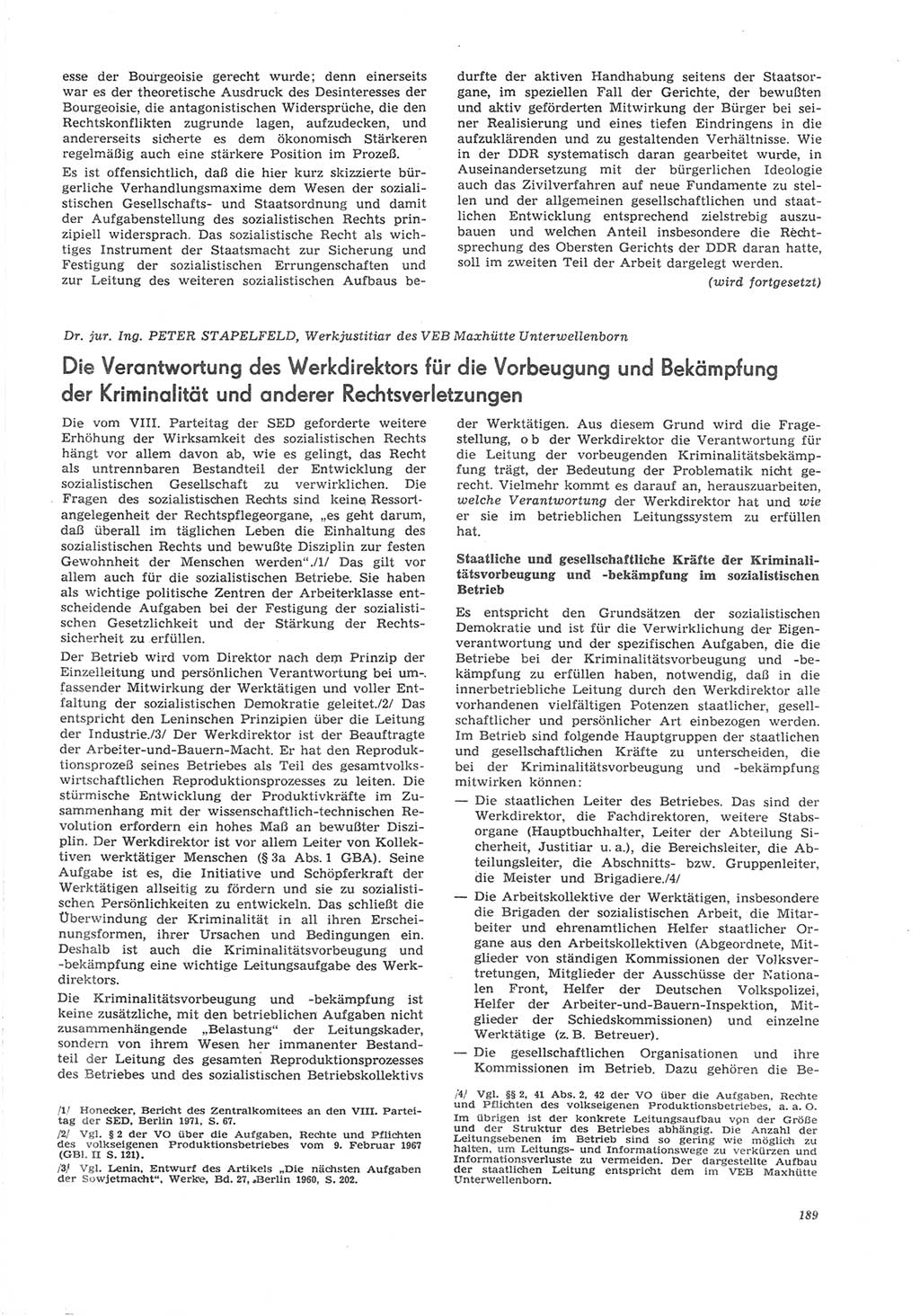 Neue Justiz (NJ), Zeitschrift für Recht und Rechtswissenschaft [Deutsche Demokratische Republik (DDR)], 26. Jahrgang 1972, Seite 189 (NJ DDR 1972, S. 189)