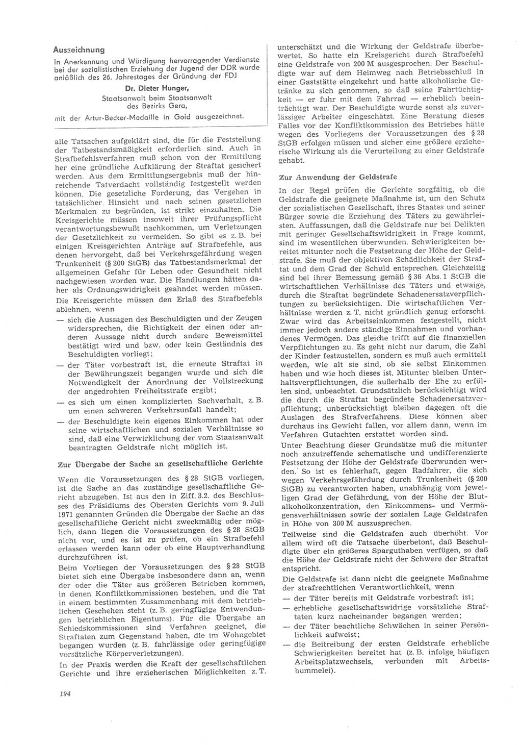 Neue Justiz (NJ), Zeitschrift für Recht und Rechtswissenschaft [Deutsche Demokratische Republik (DDR)], 26. Jahrgang 1972, Seite 194 (NJ DDR 1972, S. 194)