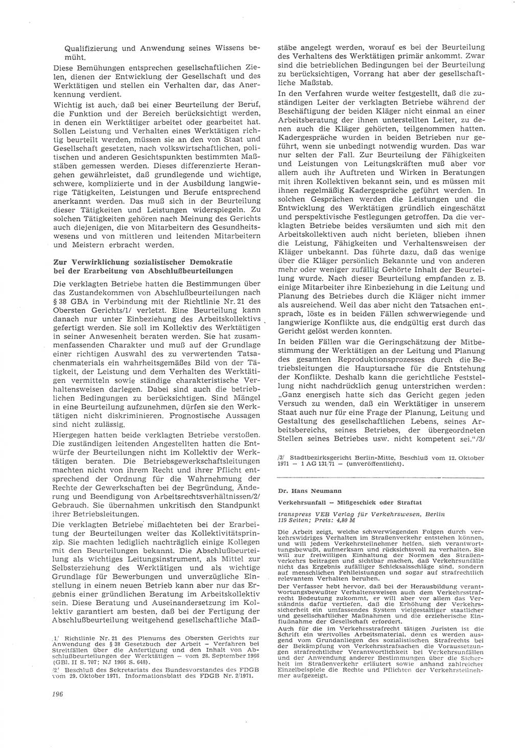 Neue Justiz (NJ), Zeitschrift für Recht und Rechtswissenschaft [Deutsche Demokratische Republik (DDR)], 26. Jahrgang 1972, Seite 196 (NJ DDR 1972, S. 196)