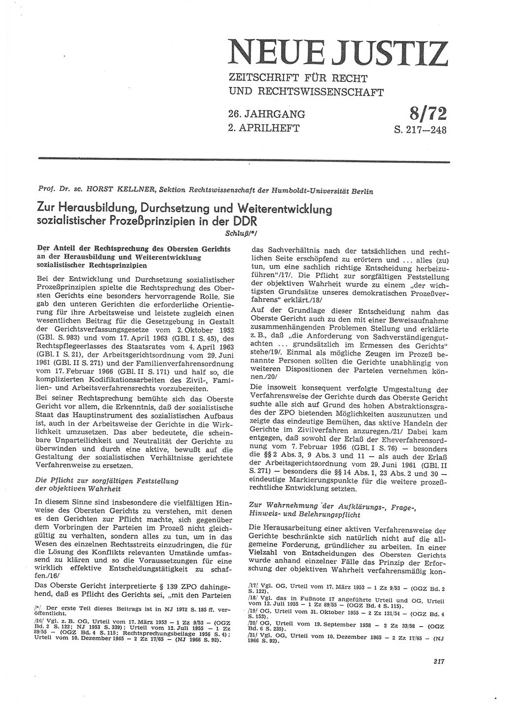 Neue Justiz (NJ), Zeitschrift für Recht und Rechtswissenschaft [Deutsche Demokratische Republik (DDR)], 26. Jahrgang 1972, Seite 217 (NJ DDR 1972, S. 217)