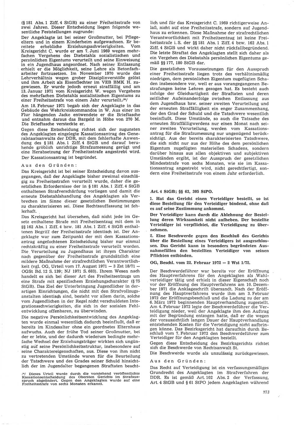 Neue Justiz (NJ), Zeitschrift für Recht und Rechtswissenschaft [Deutsche Demokratische Republik (DDR)], 26. Jahrgang 1972, Seite 273 (NJ DDR 1972, S. 273)