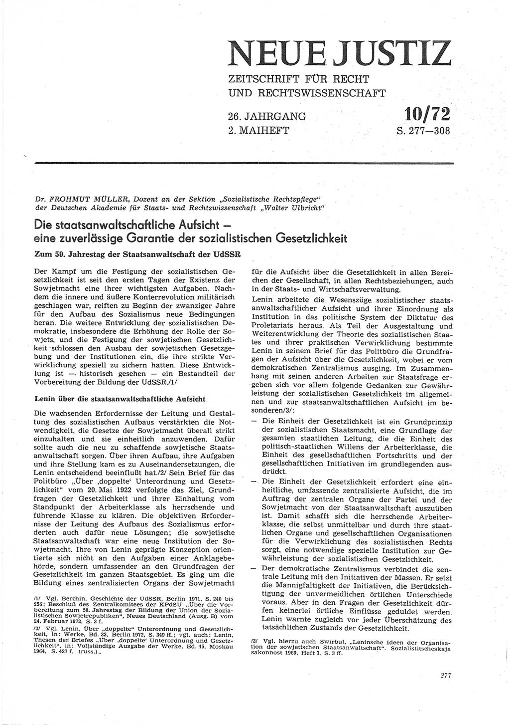Neue Justiz (NJ), Zeitschrift für Recht und Rechtswissenschaft [Deutsche Demokratische Republik (DDR)], 26. Jahrgang 1972, Seite 277 (NJ DDR 1972, S. 277)