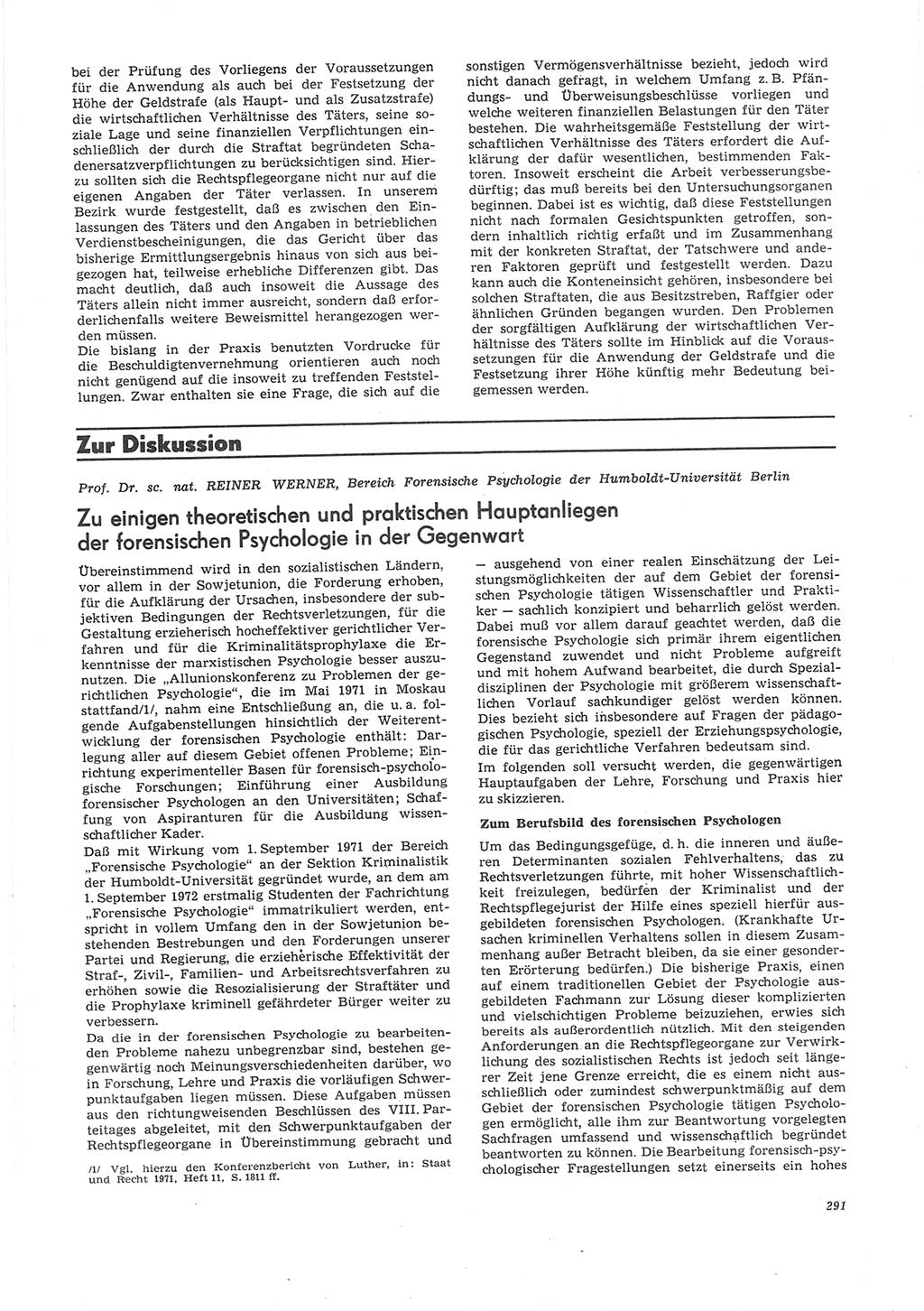 Neue Justiz (NJ), Zeitschrift für Recht und Rechtswissenschaft [Deutsche Demokratische Republik (DDR)], 26. Jahrgang 1972, Seite 291 (NJ DDR 1972, S. 291)