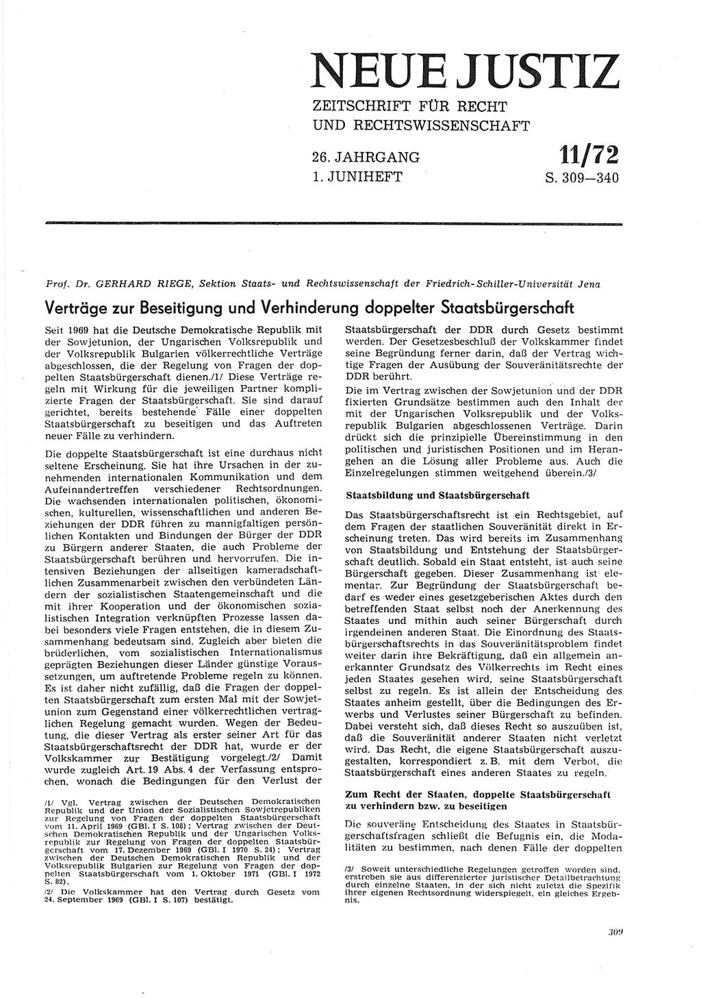 Neue Justiz (NJ), Zeitschrift für Recht und Rechtswissenschaft [Deutsche Demokratische Republik (DDR)], 26. Jahrgang 1972, Seite 309 (NJ DDR 1972, S. 309)