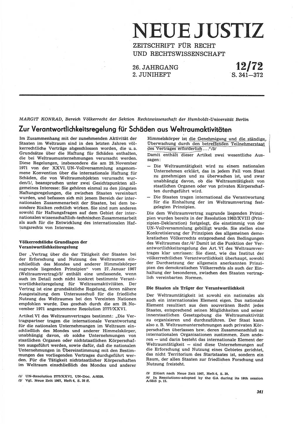 Neue Justiz (NJ), Zeitschrift für Recht und Rechtswissenschaft [Deutsche Demokratische Republik (DDR)], 26. Jahrgang 1972, Seite 341 (NJ DDR 1972, S. 341)