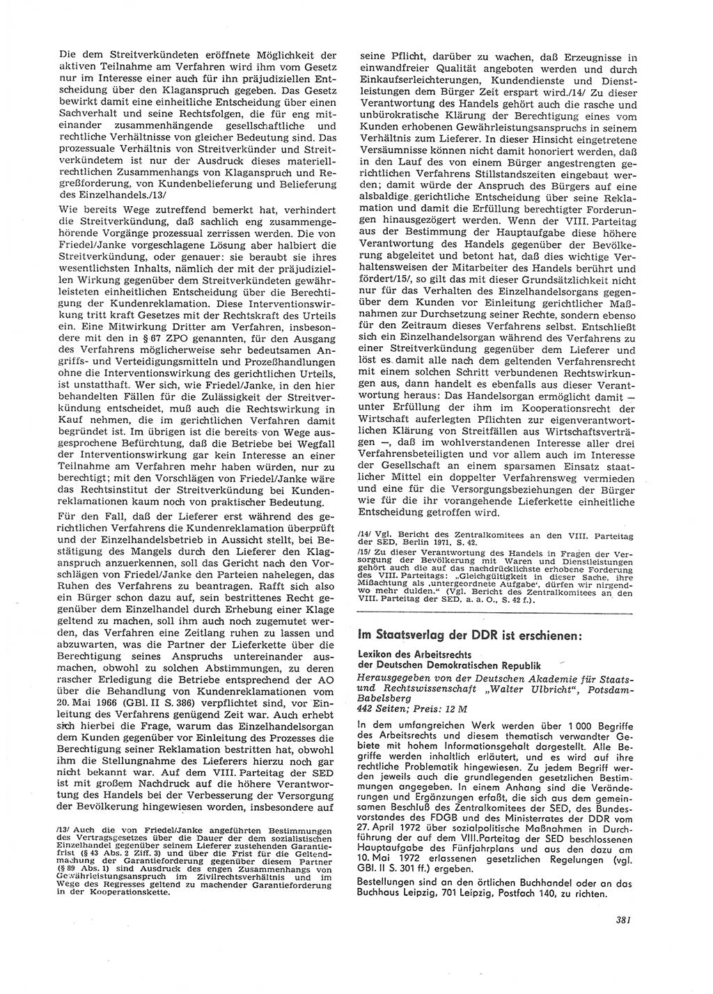 Neue Justiz (NJ), Zeitschrift für Recht und Rechtswissenschaft [Deutsche Demokratische Republik (DDR)], 26. Jahrgang 1972, Seite 381 (NJ DDR 1972, S. 381)