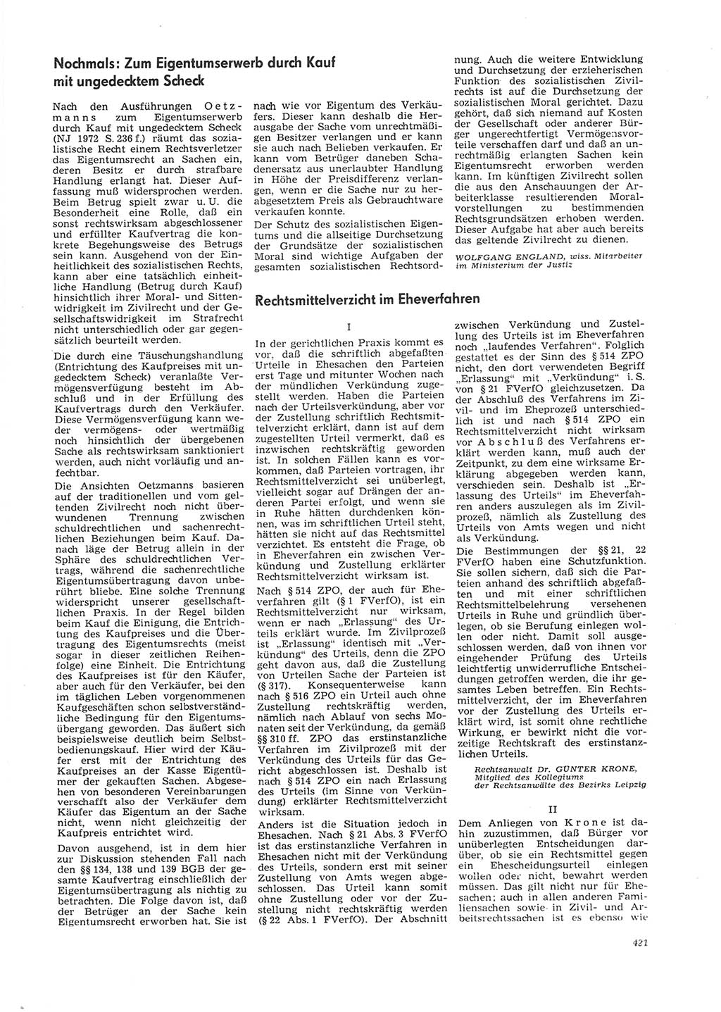 Neue Justiz (NJ), Zeitschrift für Recht und Rechtswissenschaft [Deutsche Demokratische Republik (DDR)], 26. Jahrgang 1972, Seite 421 (NJ DDR 1972, S. 421)