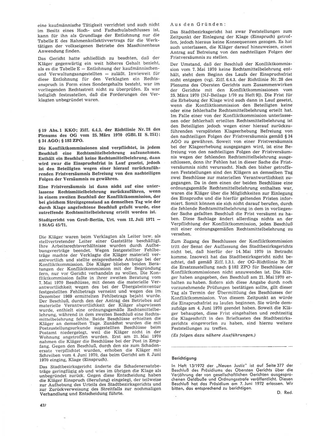 Neue Justiz (NJ), Zeitschrift für Recht und Rechtswissenschaft [Deutsche Demokratische Republik (DDR)], 26. Jahrgang 1972, Seite 432 (NJ DDR 1972, S. 432)