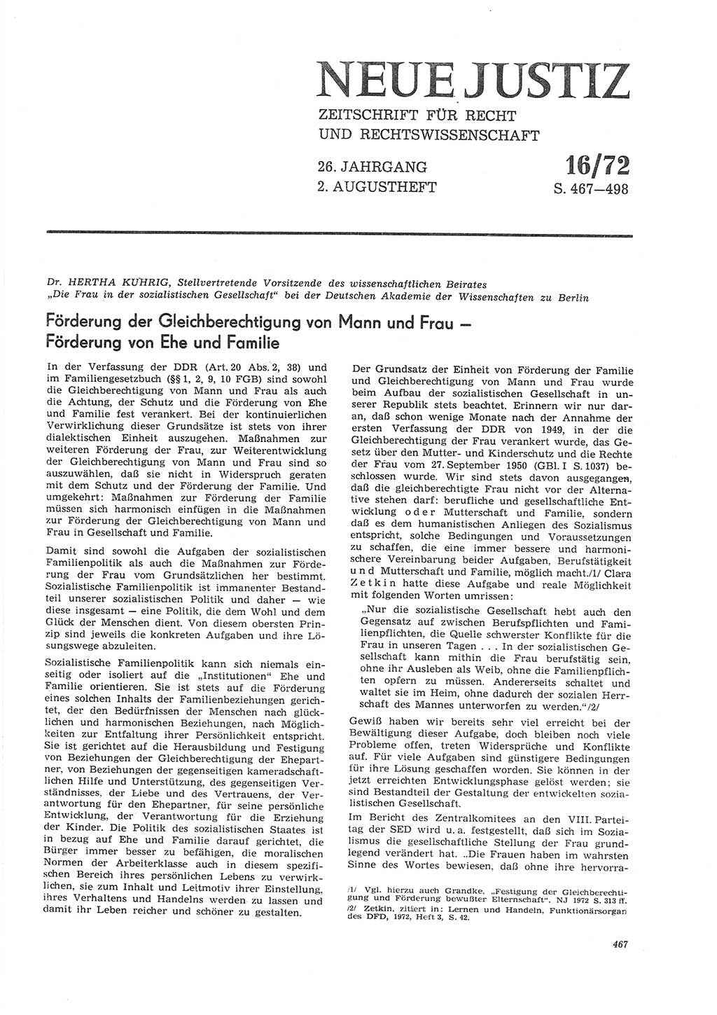 Neue Justiz (NJ), Zeitschrift für Recht und Rechtswissenschaft [Deutsche Demokratische Republik (DDR)], 26. Jahrgang 1972, Seite 467 (NJ DDR 1972, S. 467)