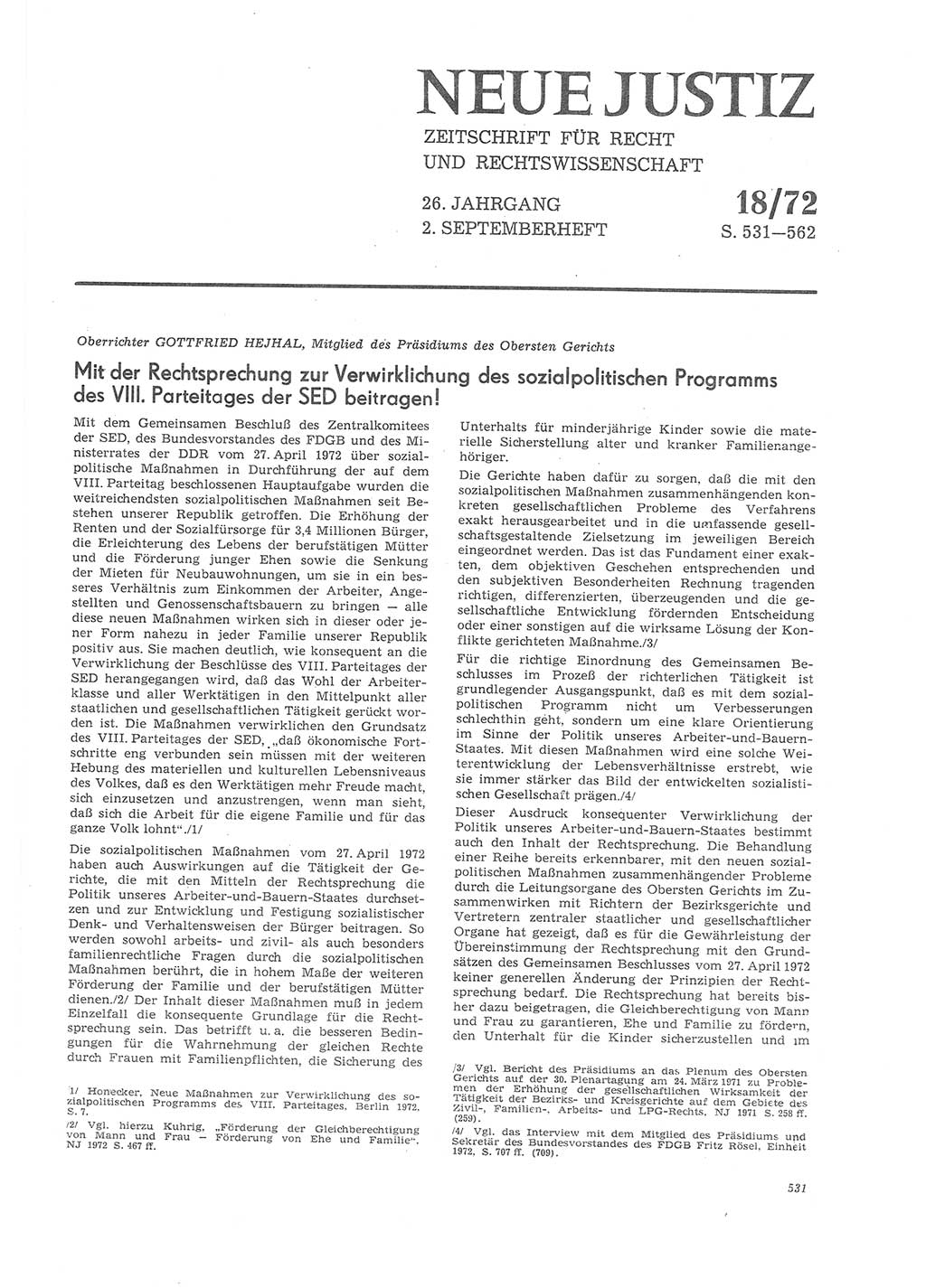 Neue Justiz (NJ), Zeitschrift für Recht und Rechtswissenschaft [Deutsche Demokratische Republik (DDR)], 26. Jahrgang 1972, Seite 531 (NJ DDR 1972, S. 531)