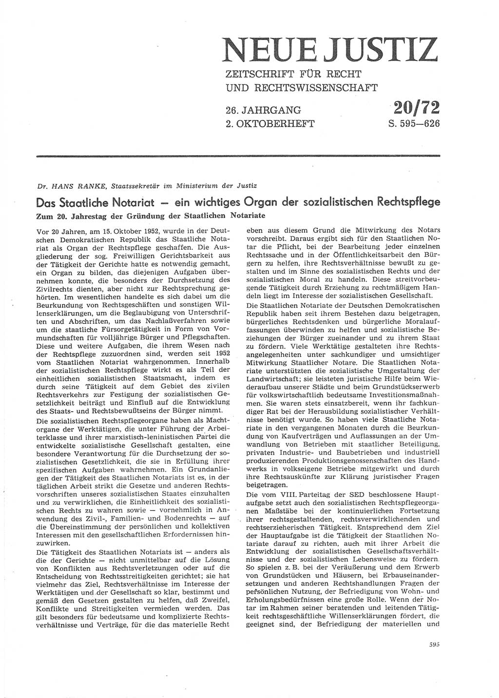 Neue Justiz (NJ), Zeitschrift für Recht und Rechtswissenschaft [Deutsche Demokratische Republik (DDR)], 26. Jahrgang 1972, Seite 595 (NJ DDR 1972, S. 595)