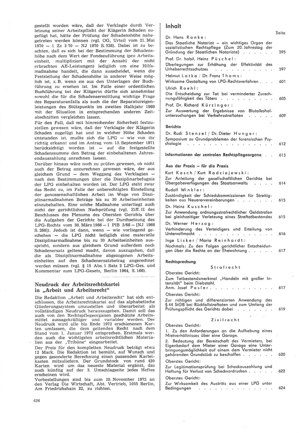 Neue Justiz (NJ), Zeitschrift für Recht und Rechtswissenschaft [Deutsche Demokratische Republik (DDR)], 26. Jahrgang 1972, Seite 626 (NJ DDR 1972, S. 626)