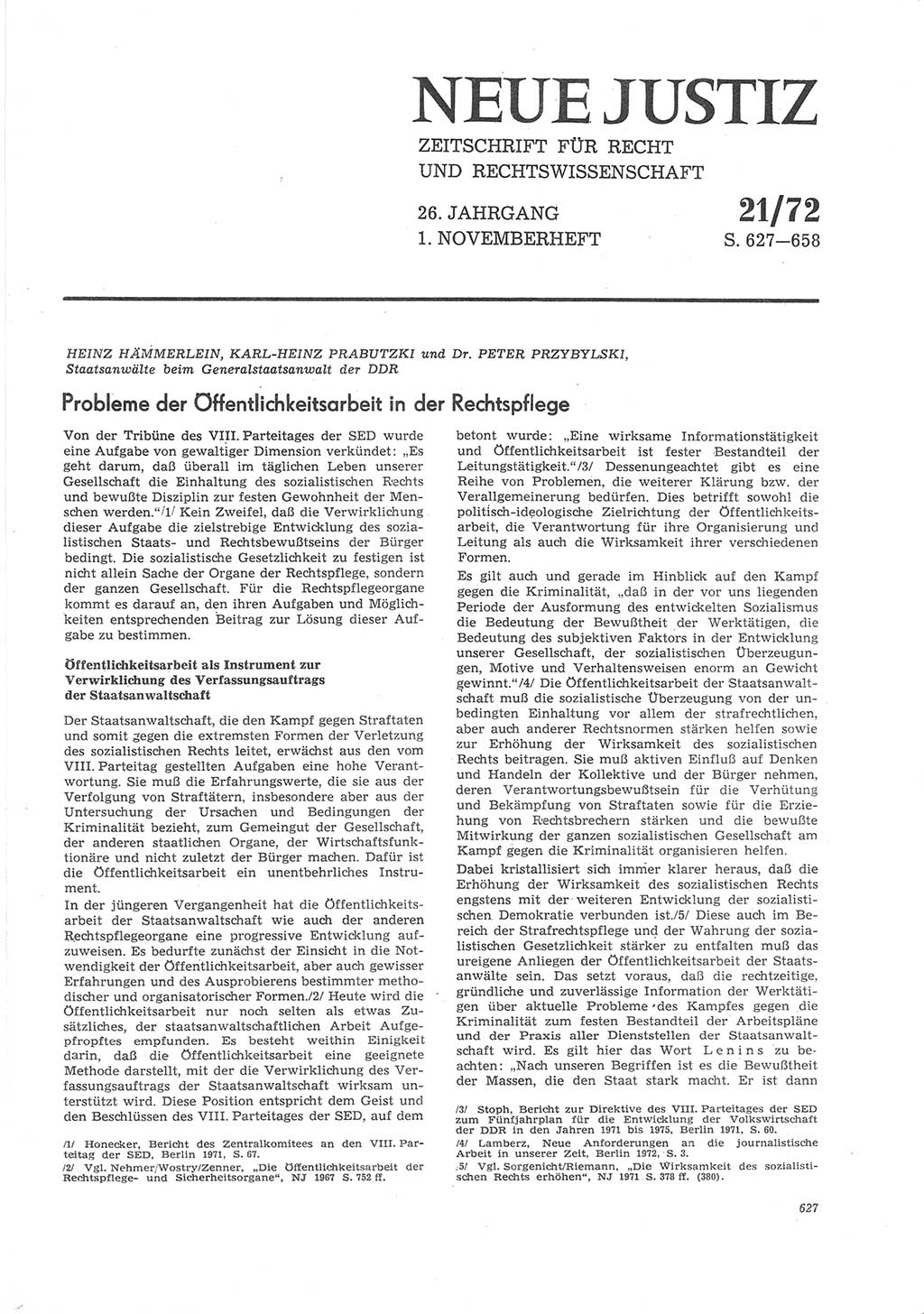 Neue Justiz (NJ), Zeitschrift für Recht und Rechtswissenschaft [Deutsche Demokratische Republik (DDR)], 26. Jahrgang 1972, Seite 627 (NJ DDR 1972, S. 627)