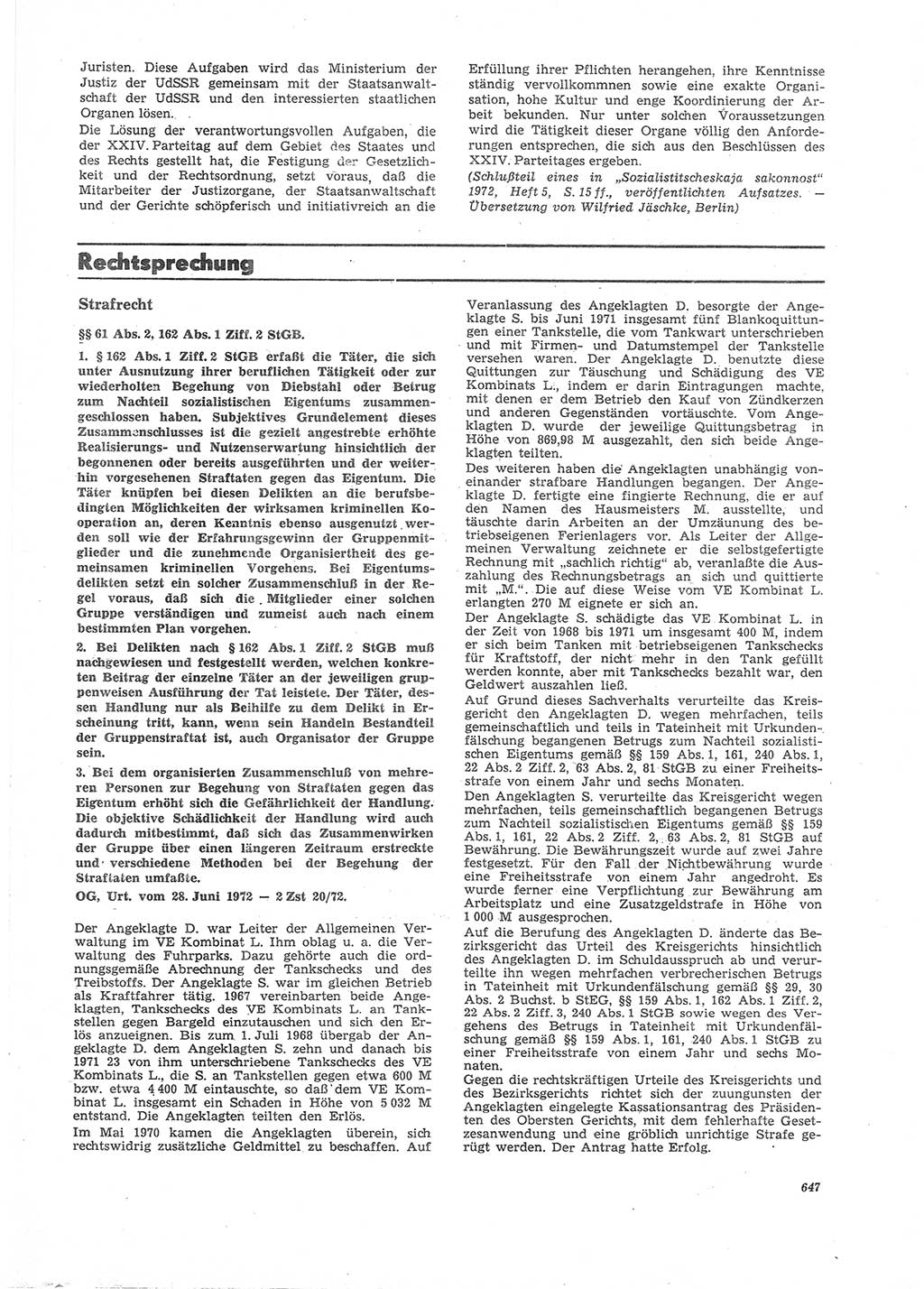 Neue Justiz (NJ), Zeitschrift für Recht und Rechtswissenschaft [Deutsche Demokratische Republik (DDR)], 26. Jahrgang 1972, Seite 647 (NJ DDR 1972, S. 647)