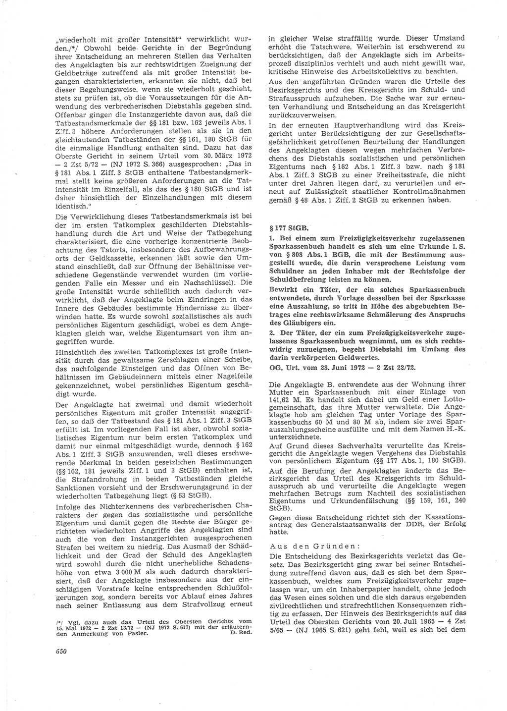 Neue Justiz (NJ), Zeitschrift für Recht und Rechtswissenschaft [Deutsche Demokratische Republik (DDR)], 26. Jahrgang 1972, Seite 650 (NJ DDR 1972, S. 650)