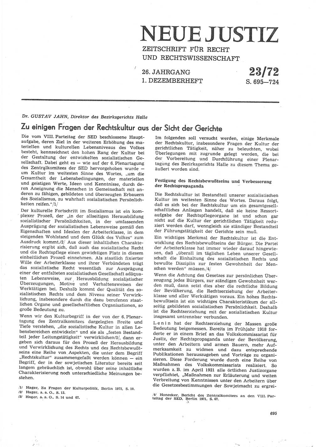 Neue Justiz (NJ), Zeitschrift für Recht und Rechtswissenschaft [Deutsche Demokratische Republik (DDR)], 26. Jahrgang 1972, Seite 695 (NJ DDR 1972, S. 695)